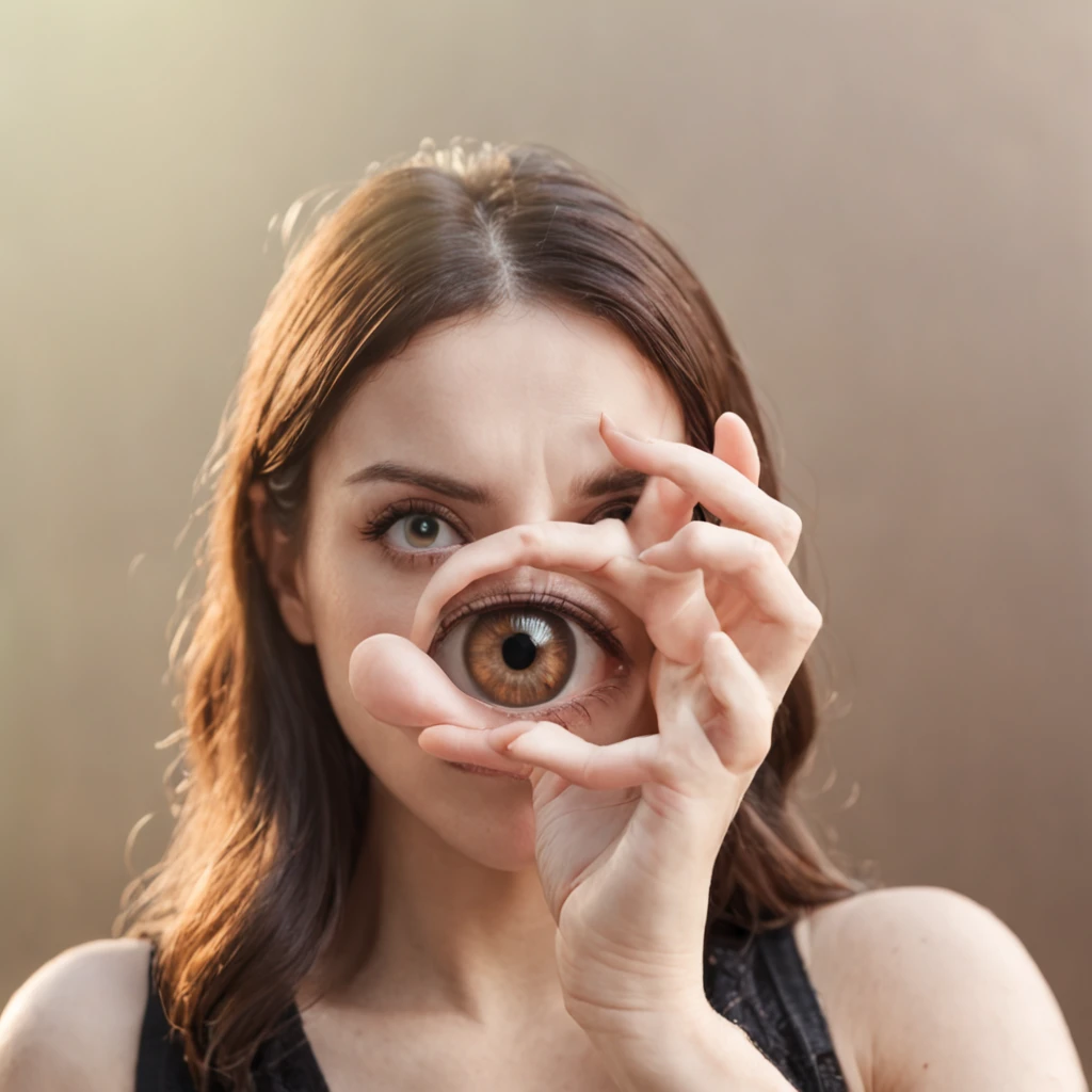 woman holding in her hand an extremely giant eye shocked expression on her face