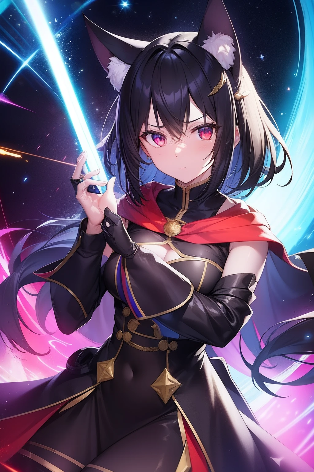 Cat's ears,hair is black and short,Goggles shine on her head,Her skin is pale, A vortex of flame enveloped me like a snake in an interstellar wind,Unleash the Japan of the Fire Sword, Highest Quality, She secretly carries a red cloak adorned with naughty expressions and costumes,Rainbow Wizard, ((embarassed expression))((whore)), 8 Red Light Stain,Blade of Light,Lens Flare, Big rainbow,The moon shines,Star chips, bloom, ((light glow)), chromatic abberation], Digital Painting, Insane details, Intricate details, Beautifully color graded, Unreal Engine, Cinematic , colour grading, Editorial Photography , Photography, Photo Shot, Shot on 70mm lens, depth of fields, degrees of freedom, Tilt Blur, Shutter Speed 1/1000, h/22