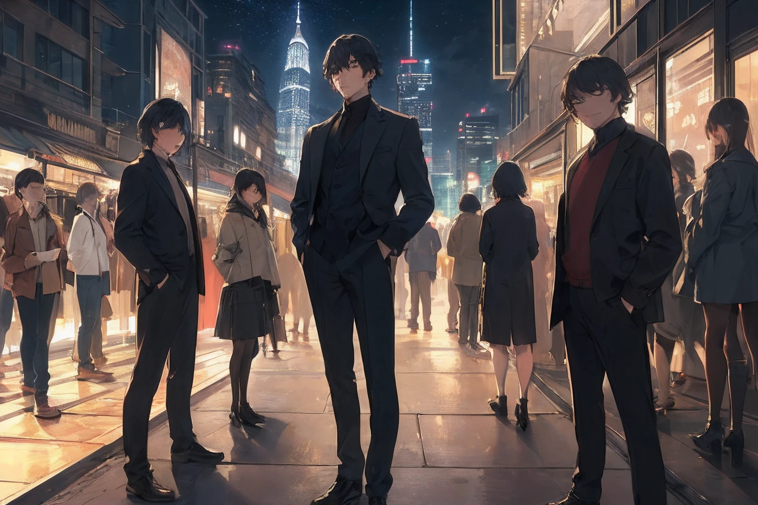(masterpiece、top-quality、hightquality)、4 men、Adult male、Multiple people、nighttime scene、Man Standing On The Rooftop Of A Building、line up、Look up at people、natta、perpetrator、dynamic ungle、full body Esbian、highrise buildings、Contemporary buildings、animesque、cover page、team、in group photograph、