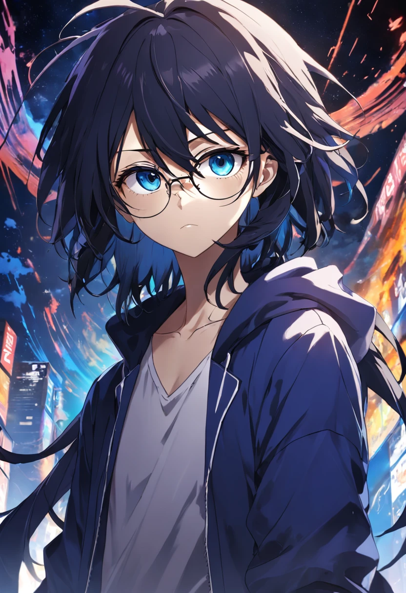 (melhor qualidade, obra-prima) L Lawliet do anime Death noter, wearing a glasses, in a unique and captivating style, fundo escuro, intense expression, olhos penetrantes, cabelo preto desarrumado, roupas escuras e elegantes, silhueta misteriosa, postura confiante em um quarto com livros e um computador.