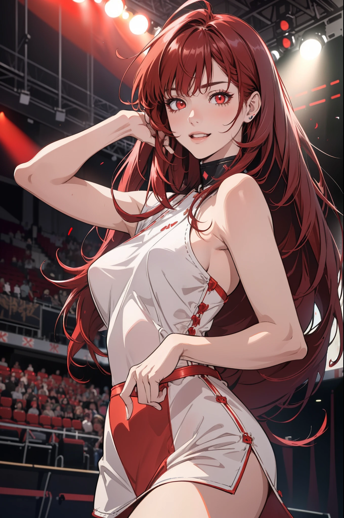 1girl, Beautiful girl, Body length 150 cm, 20 years old, ((Black hair, Double tail hairstyle, (Red hair dye, PeekABoo Underlights Style Hair Dye)) , ((red eyes)), realistic eyes, beautiful and sharp eyes), ((Idol clothing)), medium breasts, ((She holds a microphone and sings happily on stage in front of the crowd)), Happy face, Smileing, (8k wallpaper), ((Colored red lights, Concert on the background of the theater)) 8k, Quilty Altitude, Realistic, Beautiful realism, outstanding detail, RAW photo, Realistic clothes, Black hair, realistic hair, ((red eyes)), realistic eyes, Light and cool lighting, realistic photo, Cel shaded, Gel lighting, ultra-detail, ((Idol Girl))