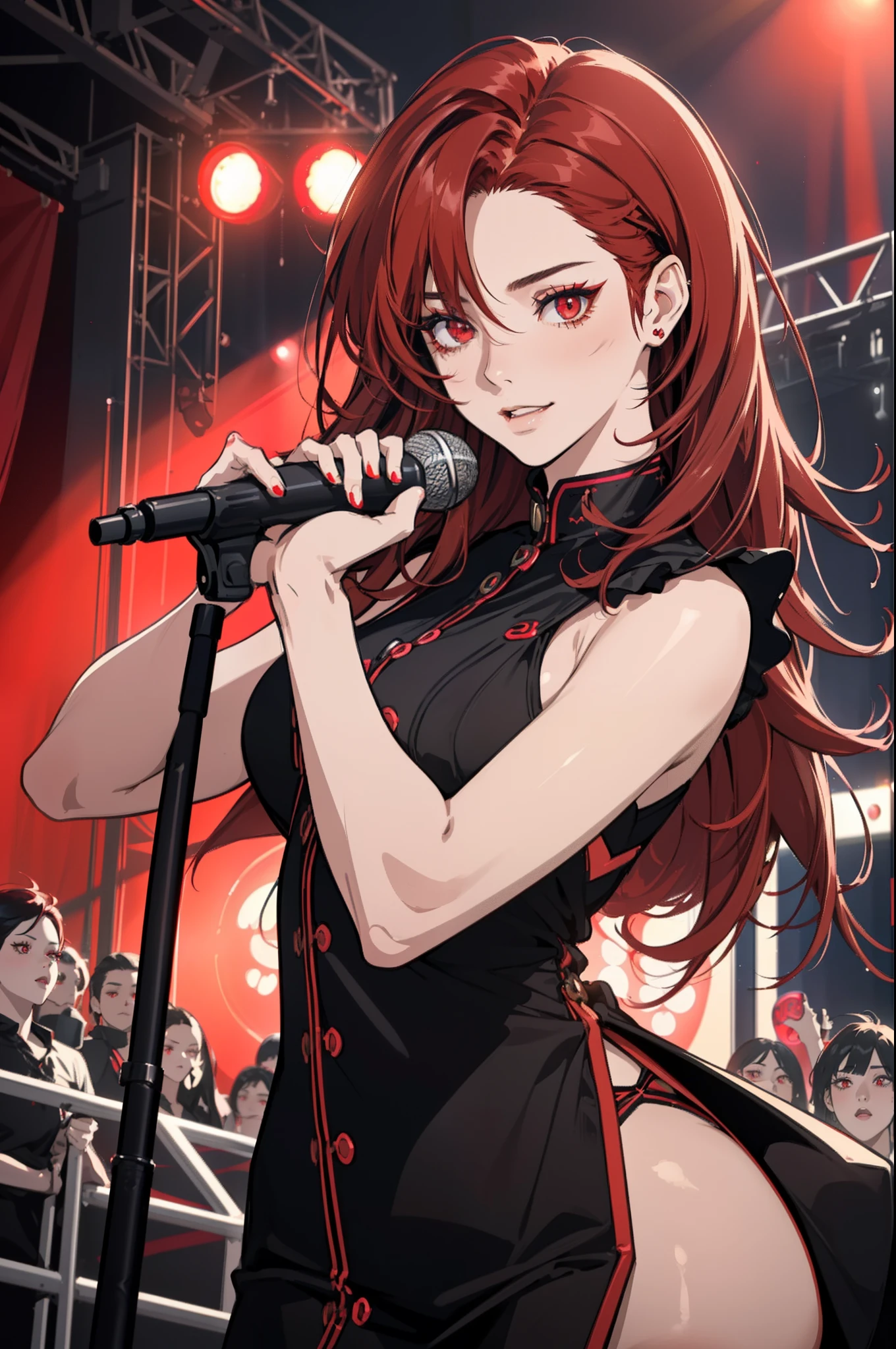 1girl, Beautiful girl, Body length 150 cm, 20 years old, ((Black hair, Double tail hairstyle, (Red hair dye, PeekABoo Underlights Style Hair Dye)) , ((red eyes)), realistic eyes, beautiful and sharp eyes), ((Idol clothing)), medium breasts, ((She holds a microphone and sings happily on stage in front of the crowd)), Happy face, Smileing, (8k wallpaper), ((Colored red lights, Concert on the background of the theater)) 8k, Quilty Altitude, Realistic, Beautiful realism, outstanding detail, RAW photo, Realistic clothes, Black hair, realistic hair, ((red eyes)), realistic eyes, Light and cool lighting, realistic photo, Cel shaded, Gel lighting, ultra-detail, ((Idol Girl))