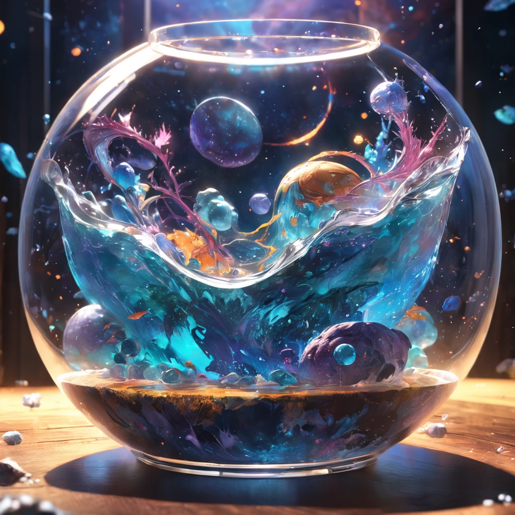 Universe in a glass, the entire universe contained inside a glass, planets and galaxies in a glass, wooden dining table, super realistic, hyper detailed, dramatic lighting, 4k, ultra hd, realistic, vivid colors, highly detailed, UHD drawing, pen and ink, perfect composition, beautiful detailed intricate insanely detailed octane render trending on artstation, 8k artistic photography, photorealistic concept art, soft natural volumetric cinematic perfect light