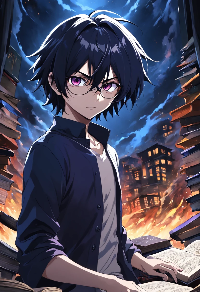 (melhor qualidade, obra-prima) L Lawliet do anime Death noter, wearing a glasses, in a unique and captivating style, fundo escuro, intense expression, olhos penetrantes, cabelo preto desarrumado, roupas escuras e elegantes, silhueta misteriosa, postura confiante em um quarto com livros e um computador.
