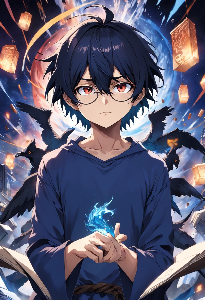 (melhor qualidade, obra-prima) L Lawliet do anime Death noter, wearing a glasses, in a unique and captivating style, fundo escuro, intense expression, olhos penetrantes, cabelo preto desarrumado, roupas escuras e elegantes, silhueta misteriosa, postura confiante em um quarto com livros e um computador.