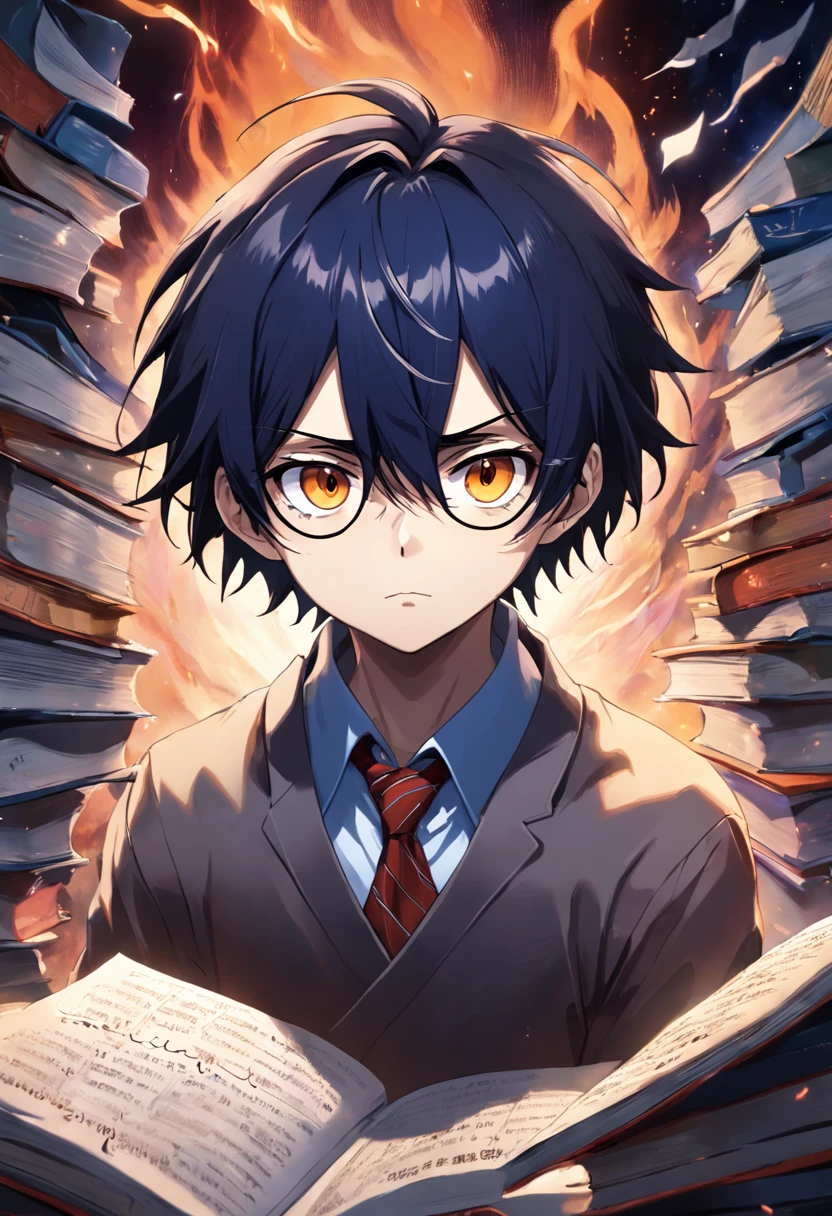 (melhor qualidade, obra-prima) L Lawliet do anime Death noter, wearing a glasses, in a unique and captivating style, fundo escuro, intense expression, olhos penetrantes, cabelo preto desarrumado, roupas escuras e elegantes, silhueta misteriosa, postura confiante em um quarto com livros e um computador.