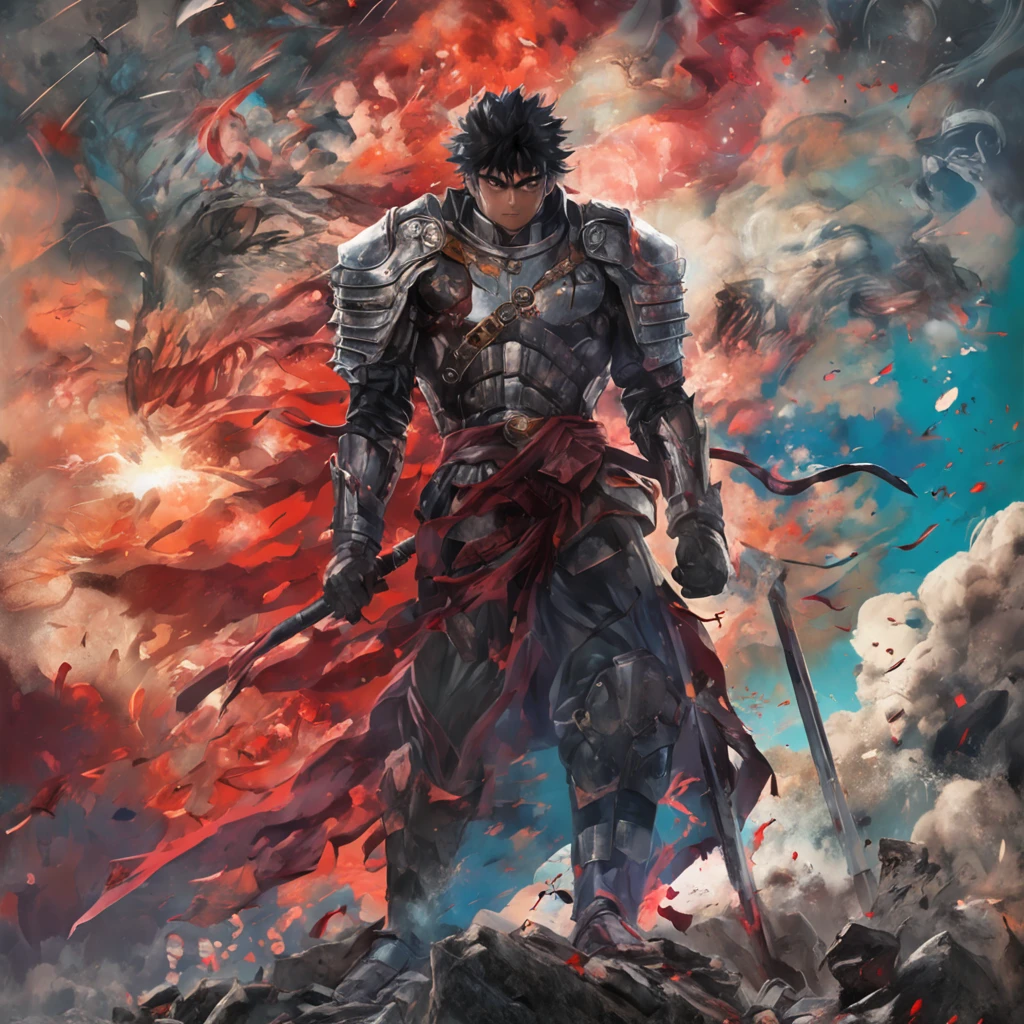 Generate a stunning, museum-worthy painting of the iconic [Anime Name] character. The image should exude an air of timeless artistry, reminiscent of a centuries-old masterpiece. Guts should be depicted in their signature attire and pose, standing against a backdrop that encapsulates the essence of the Berserk series. The background should reflect the world and themes of the anime, and the overall quality should be so remarkable that it could be mistaken for a genuine work of art from a bygone era.