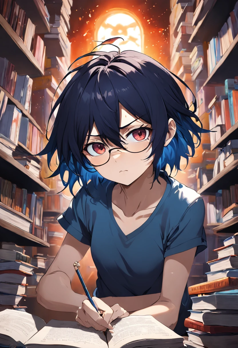 (melhor qualidade, obra-prima) L Lawliet do anime Death noter, wearing a glasses, in a unique and captivating style, fundo escuro, intense expression, olhos penetrantes, cabelo preto desarrumado, roupas escuras e elegantes, silhueta misteriosa, postura confiante em um quarto com livros e um computador.