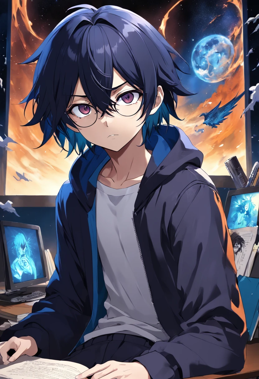 (melhor qualidade, obra-prima) L Lawliet do anime Death noter, wearing a glasses, in a unique and captivating style, fundo escuro, intense expression, olhos penetrantes, cabelo preto desarrumado, roupas escuras e elegantes, silhueta misteriosa, postura confiante em um quarto com livros e um computador.