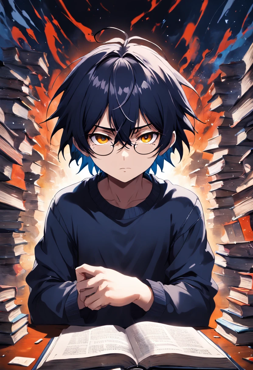 (melhor qualidade, obra-prima) L Lawliet do anime Death noter, wearing a glasses, in a unique and captivating style, fundo escuro, intense expression, olhos penetrantes, cabelo preto desarrumado, roupas escuras e elegantes, silhueta misteriosa, postura confiante em um quarto com livros e um computador.
