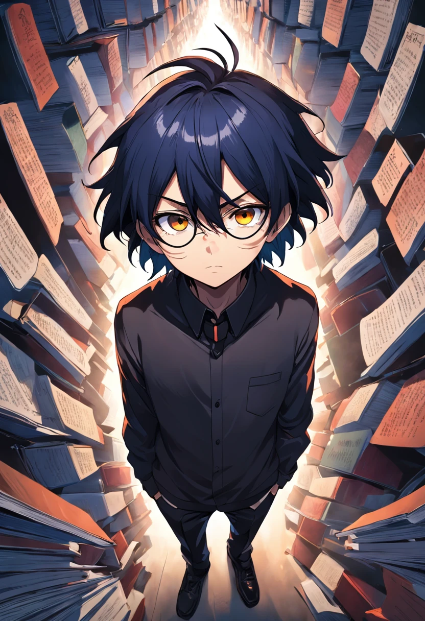 (melhor qualidade, obra-prima) L Lawliet do anime Death noter, wearing a glasses, in a unique and captivating style, fundo escuro, intense expression, olhos penetrantes, cabelo preto desarrumado, roupas escuras e elegantes, silhueta misteriosa, postura confiante em um quarto com livros e um computador.