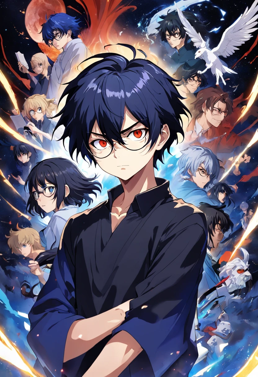 (melhor qualidade, obra-prima) L Lawliet do anime Death noter, wearing a glasses, in a unique and captivating style, fundo escuro, intense expression, olhos penetrantes, cabelo preto desarrumado, roupas escuras e elegantes, silhueta misteriosa, postura confiante em um quarto com livros e um computador.