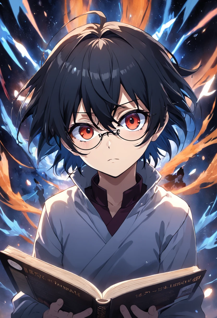 (melhor qualidade, obra-prima) L Lawliet do anime Death noter, wearing a glasses, in a unique and captivating style, fundo escuro, intense expression, olhos penetrantes, cabelo preto desarrumado, roupas escuras e elegantes, silhueta misteriosa, postura confiante em um quarto com livros e um computador.