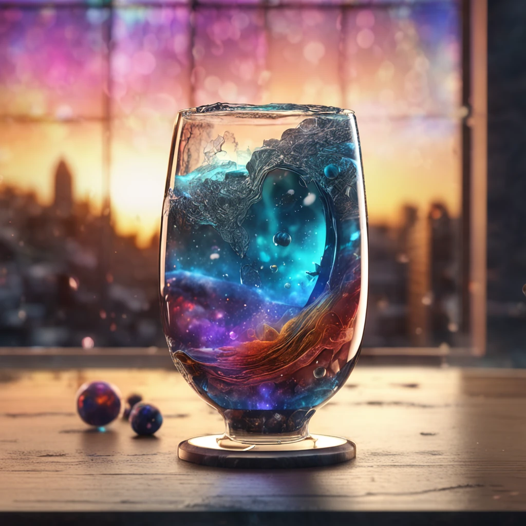 Universe in a glass, the entire universe contained inside a glass, planets and galaxies in a glass, wooden dining table, super realistic, hyper detailed, dramatic lighting, 4k, ultra hd, realistic, vivid colors, highly detailed, UHD drawing, pen and ink, perfect composition, beautiful detailed intricate insanely detailed octane render trending on artstation, 8k artistic photography, photorealistic concept art, soft natural volumetric cinematic perfect light