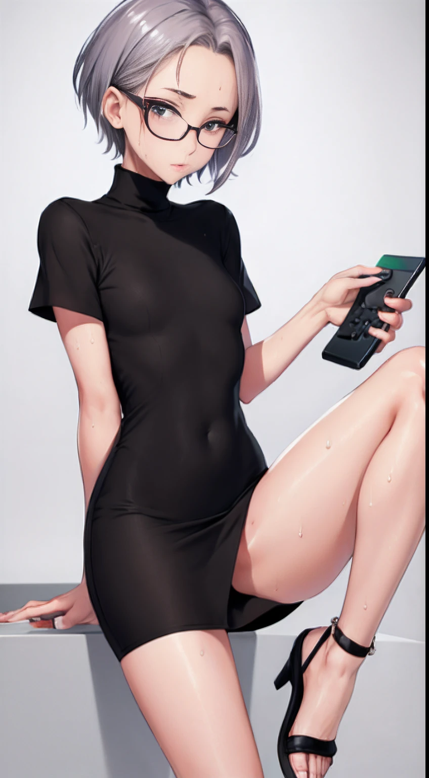 Ridiculous resolution, Ultra-detailed, Best Quality, Illustration, 8K, 超A high resolution, Gray-ash hair、Pixie Short、forehead、eye glass、Short、Tiny、Pin Heel Midnight、 slender, cum in ,straight haired、Short hair, Glasses , (((Sweat)))、turtleneck dress、skiny、Pin Heel Sandals、beauty legs、
Have a handheld game console,NOWAI