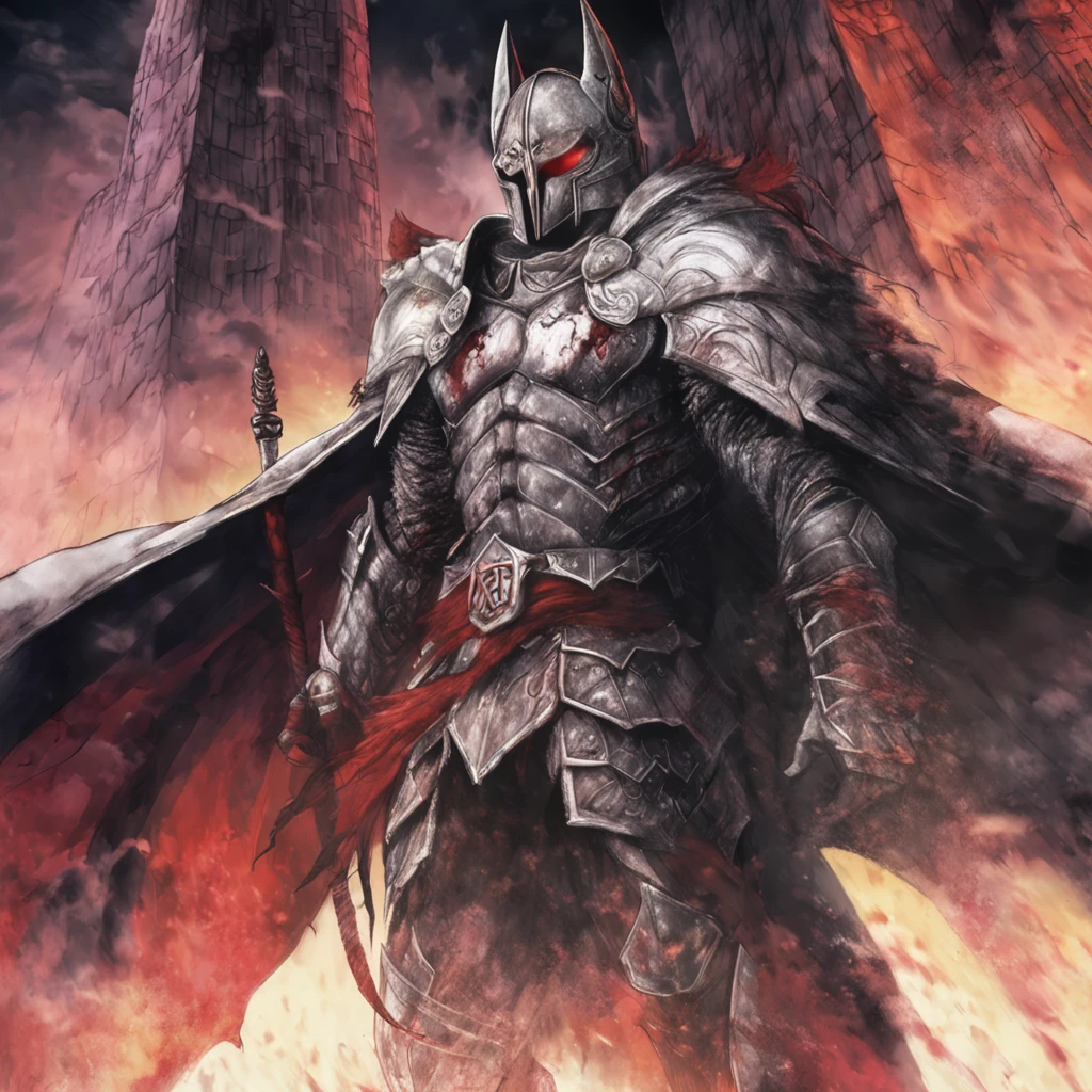 Generate a stunning, museum-worthy painting of the iconic Berserk character. The image should exude an air of timeless artistry, reminiscent of a centuries-old masterpiece. Griffith should be depicted in their signature attire and pose, standing against a backdrop that encapsulates the essence of the Berserk series. The background should reflect the world and themes of the anime, and the overall quality should be so remarkable that it could be mistaken for a genuine work of art from a bygone era.