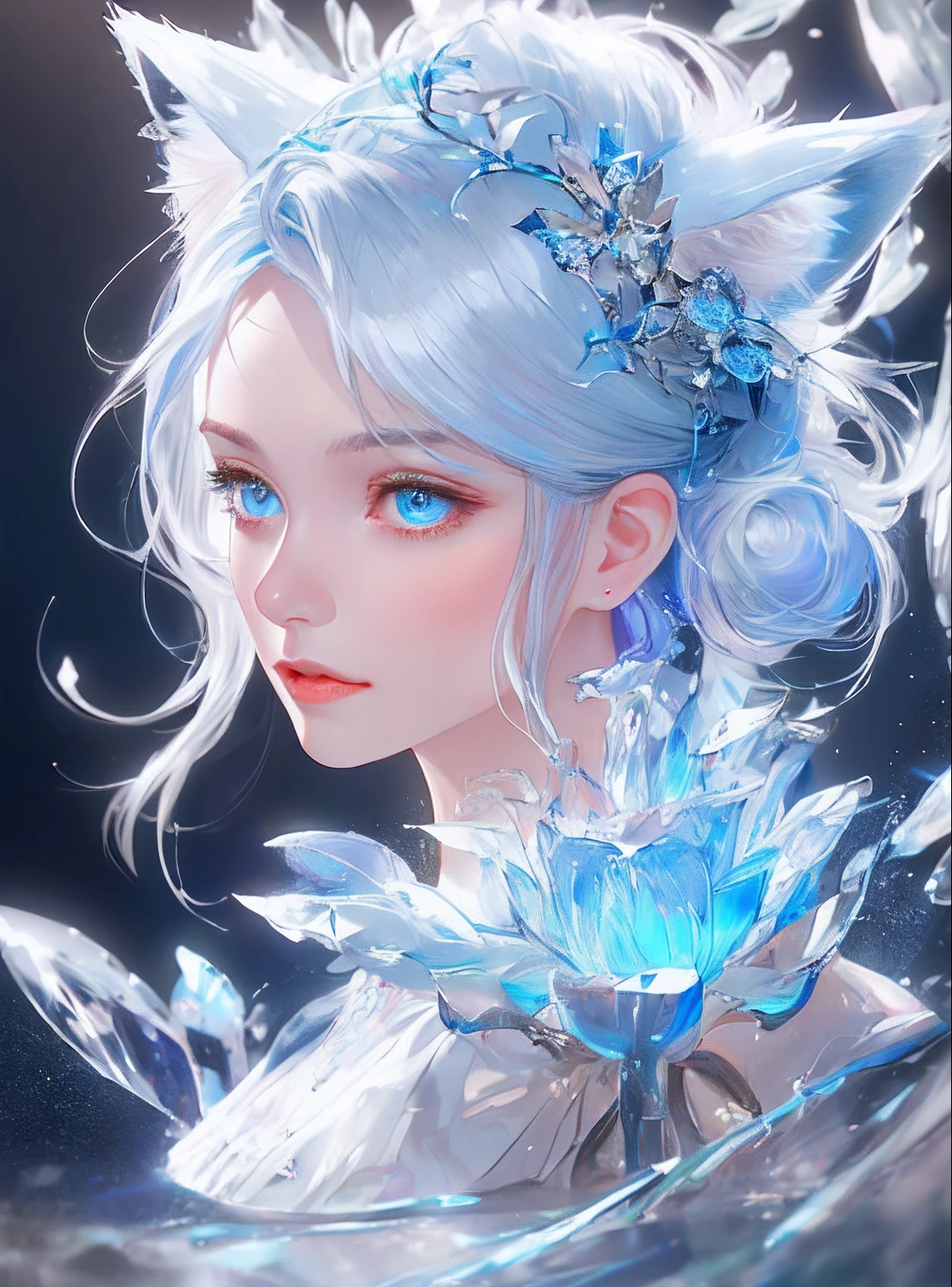 Masterpiece, Best quality,Close-up of face
Official art, Very
Detailed CG 8K wallpaper,
(flying petal)
(detailed ice) , crystal
Textured skin, cold
expression, ((Fox ears)),
White hair, long
hair, Messy hair, eBlue eyes,
view the viewer,
Extremely delicate and
Beautiful, water, ((beauty
Detailed eyes)), height
detailed, Movie
illuminating, ((Beautiful face),
fine water surface, (Source language
portrait), Transcend-
detailed, incredible
detailed, (An extreme
Delicate and beautiful),
Beautiful detailed eyes,
(Best quality)