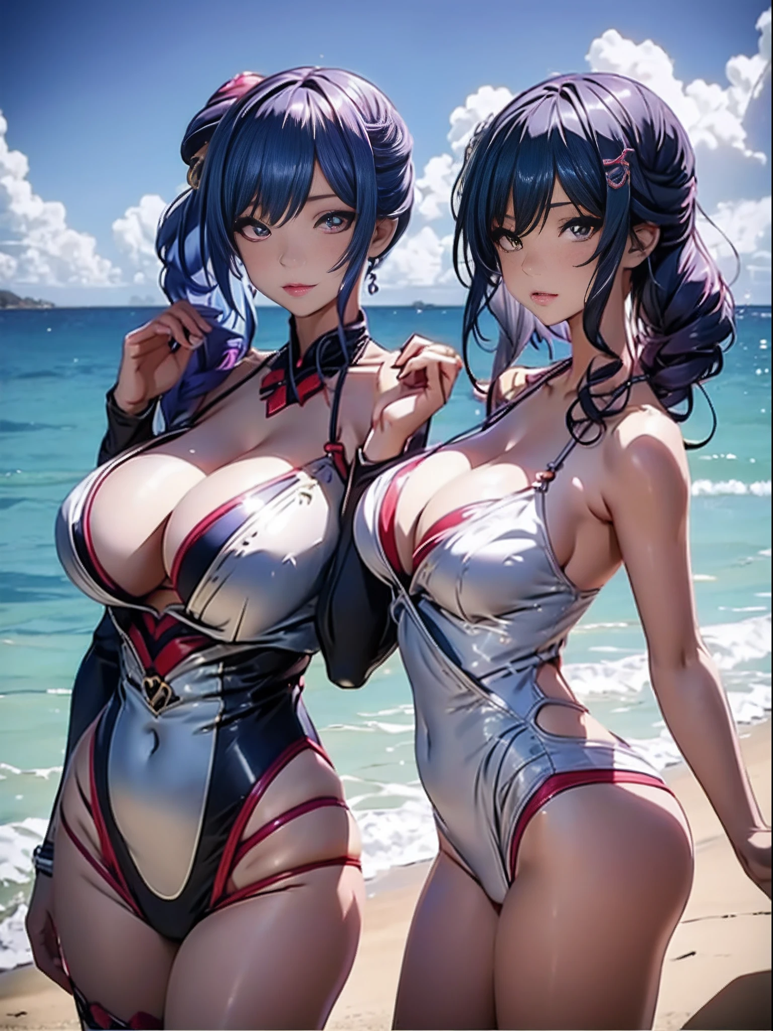 Three women in bikinis pose for a photo on the beach, seductive anime girls, beautiful and seductive anime woman, Guviz-style artwork, Perfect white haired girl, Guviz, Beautiful anime girl, ross tran. scenery background, in beach, Beautiful anime woman, trending on artstation pixiv, Extremely detailed Artgerm, Beautiful anime,Extra-large big breasts,Blush,Perfect body slim curves,