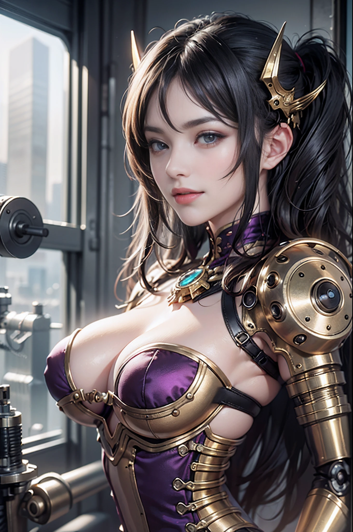 top-quality、masterpiece、超A high resolution、(Photorealsitic:1.4)、Raw photo、1人、grin、Black hair、glowy skin、1 Mechanical Girl、((super realistic details))、portlate、Global Illumination、Shadow、octan render、8K、ultrasharp、Colossal tits、Raw skin is exposed in cleavage、metals、Details of complex ornaments、Steampunk details、Analog Meter、gear wheel、gear、Golden hydraulic cylinder、highly intricate detail、Realistic light、CGSoation Trends、a purple eye、radiant eyes、Facing the camera、neon details、Mechanical limbs、blood vessels connected to tubes、Mechanical vertebrae attached to the back、mechanical cervical attaching to neck、sitting on、Wires and cables connecting to the head、vacuum tubes、gear wheel、meter、Gundam、Small LED lamp、The background is a steampunk city、