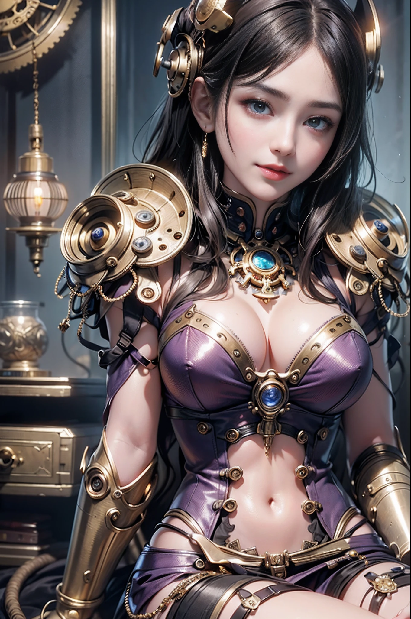 top-quality、​masterpiece、超A high resolution、(Photorealsitic:1.4)、Raw photo、女の子1人、grin、Black hair、glowy skin、1 Mechanical Girl、((super realistic details))、portlate、Global Illumination、Shadow、octan render、8K、ultrasharp、Colossal tits、Raw skin is exposed in cleavage、metals、Details of complex ornaments、Steampunk details、Analog Meter、gear wheel、gear、Golden hydraulic cylinder、highly intricate detail、Realistic light、CGSoation Trends、a purple eye、radiant eyes、Facing the camera、neon details、Mechanical limbs、blood vessels connected to tubes、Mechanical vertebrae attached to the back、mechanical cervical attaching to neck、sitting on、Wires and cables connecting to the head、vacuum tubes、gear wheel、meter、Gundam、Small LED lamp、The background is a steampunk city、