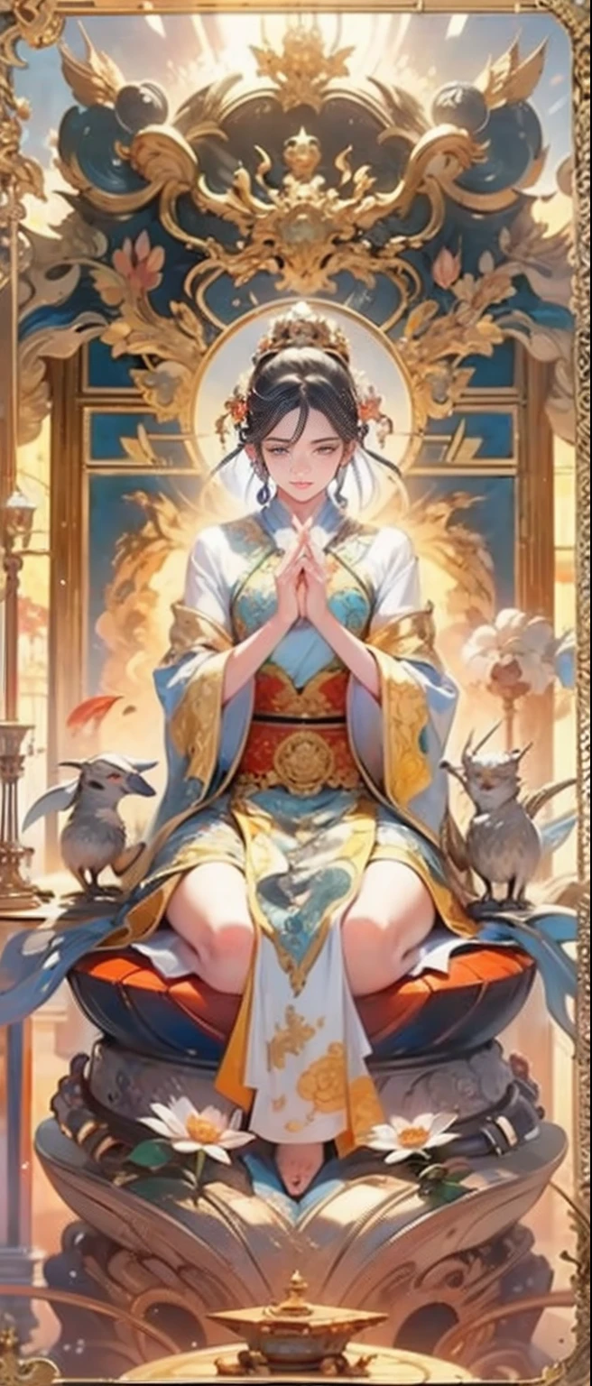 (Chinese immortals), (Buddhism), Multip_Hands,(mythological stories), (bodhisattva), She sits on a lotus, (Three hands on the left,Three hands on the right, Each hand holds a different Buddhist vessel, left right symmetry),(Delicate and beautiful face), (White silk robe)sitting on a lotus flower, Frontal photo,Light smile, neo-classical, OP Art, Chiaroscuro, Cinematic lighting, god light, Ray tracing, character sheets, projected inset, first person perspective, hyper HD, Masterpiece, ccurate, Textured skin, Super detail, High details, High quality, Award-Awarded, Best quality, A high resolution, 8K
