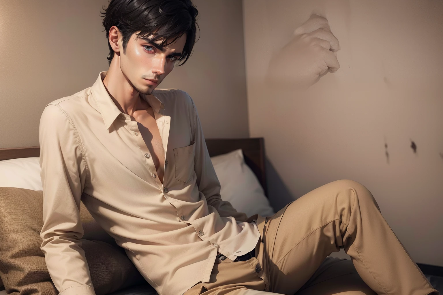 Ultra realistic 8k image of a slim 25 year old male, short black hair, extremely detailed eyes, dressed in a beige button-up shirt and beige pants, sitting on a cheap hotel bed with dirty walls, night, pensive expression