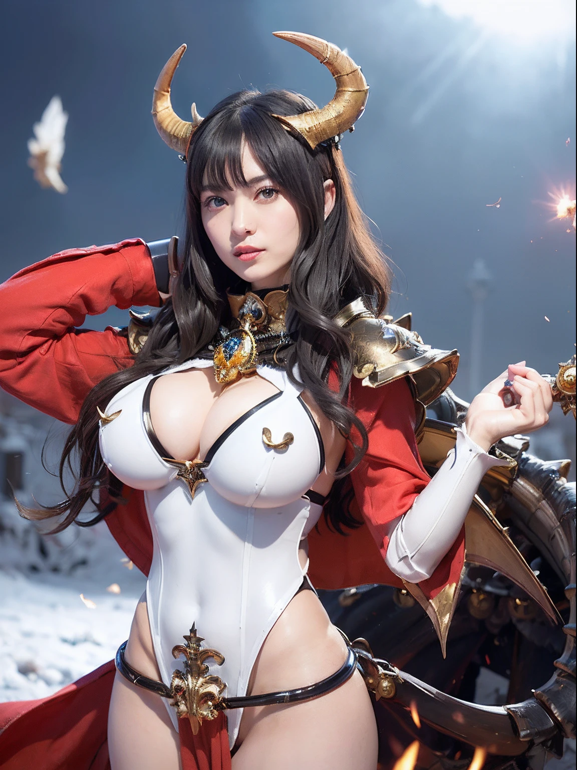 Professional , ​masterpiece、top-quality、photos realistic , depth of fields 、(A dark-haired) 、（Gemstone White Metal Body:1.4),(Matte White、Jewel Gold Weapon、（maikurobikini）,Gorgeous metal weapons ,Particles of light、（Fight dragons）、（Black wings）、（（ Detailed and gorgeous sword of the brave）） ,Light Effects、intense fighting、Wind-effect、magic circles、 (A dark-haired)  ,Fight legions of soldiers in skeleton armor 、With the legendary magic wand、Dragon's tail、explosions、（（maikurobikini））、（（Gangle's forest background））、Beautiful Caucasian beauty、１a person、dynamic ungle,(((Details of the two demon horns on the head)))、Smaller head、A smile、Background inside the castle、Thin and beautiful female hands、cleavage of the breast、Mystical expression、Light Effects、Wind-effect、（wingspan）、Toostock、Anatomically correct body、Battle Pose、