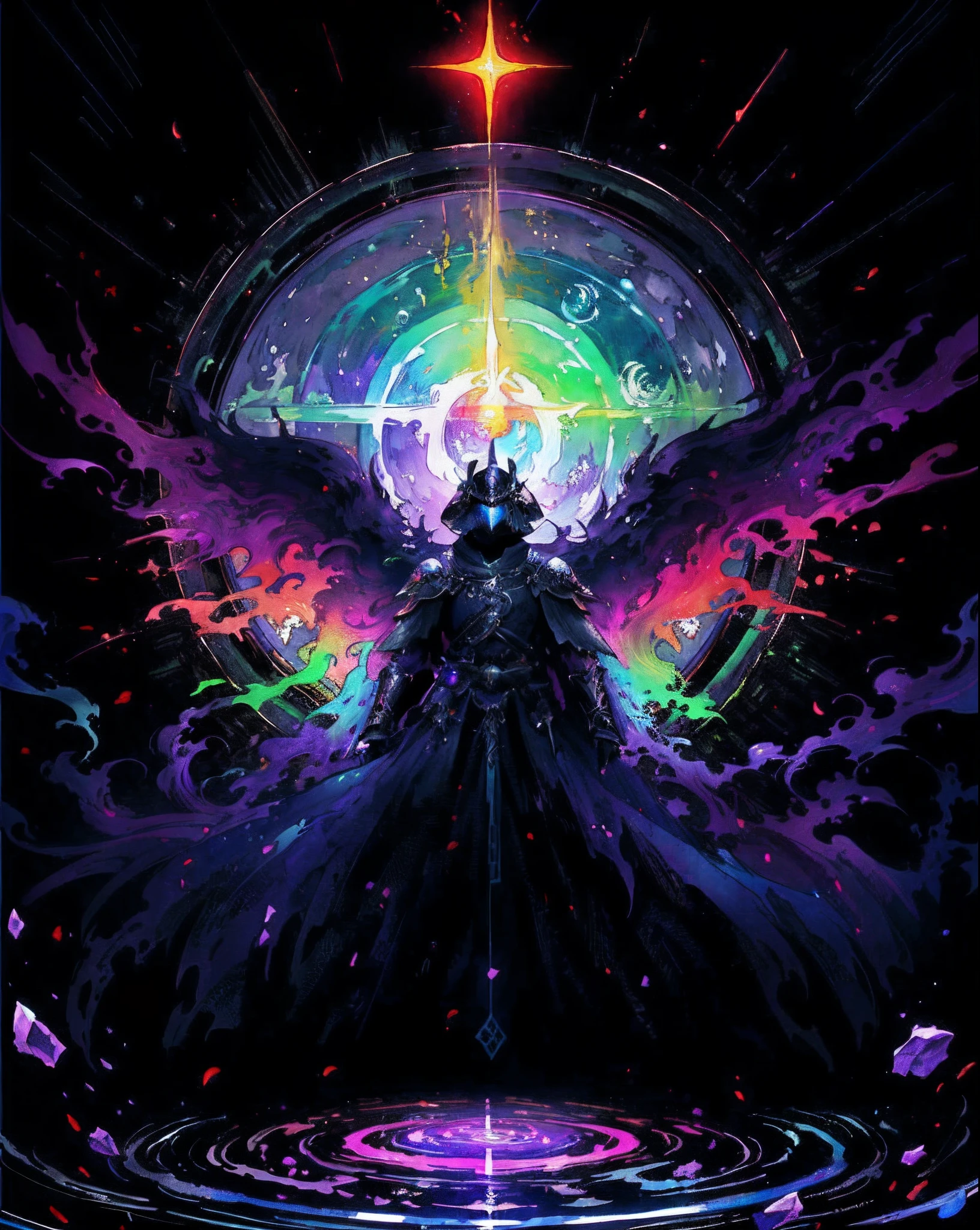 Manhwa Style,Masterpiece,Background dark black tones,8K,Knight's helmet,Colorful colors,Colorful picture,Set against the background of a circular magic array,runic,Pisif,rich details,high detailed official artwork, Epic fantasy style, aquarelle,colorful concept art, painted in the style arcane,water ripple