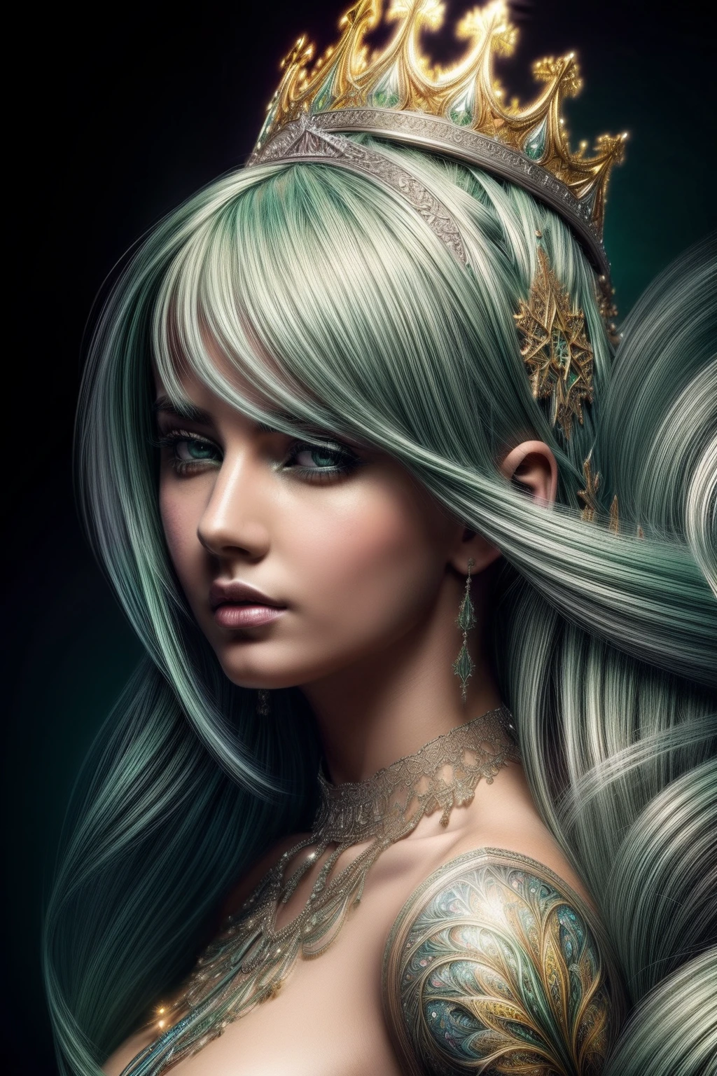(masterpiece, top quality, best quality, beautiful and aesthetic:1.2), (1girl), extreme detailed,colorful,highest detailed,cute, light green hair, crown,(fractal art:1.3),