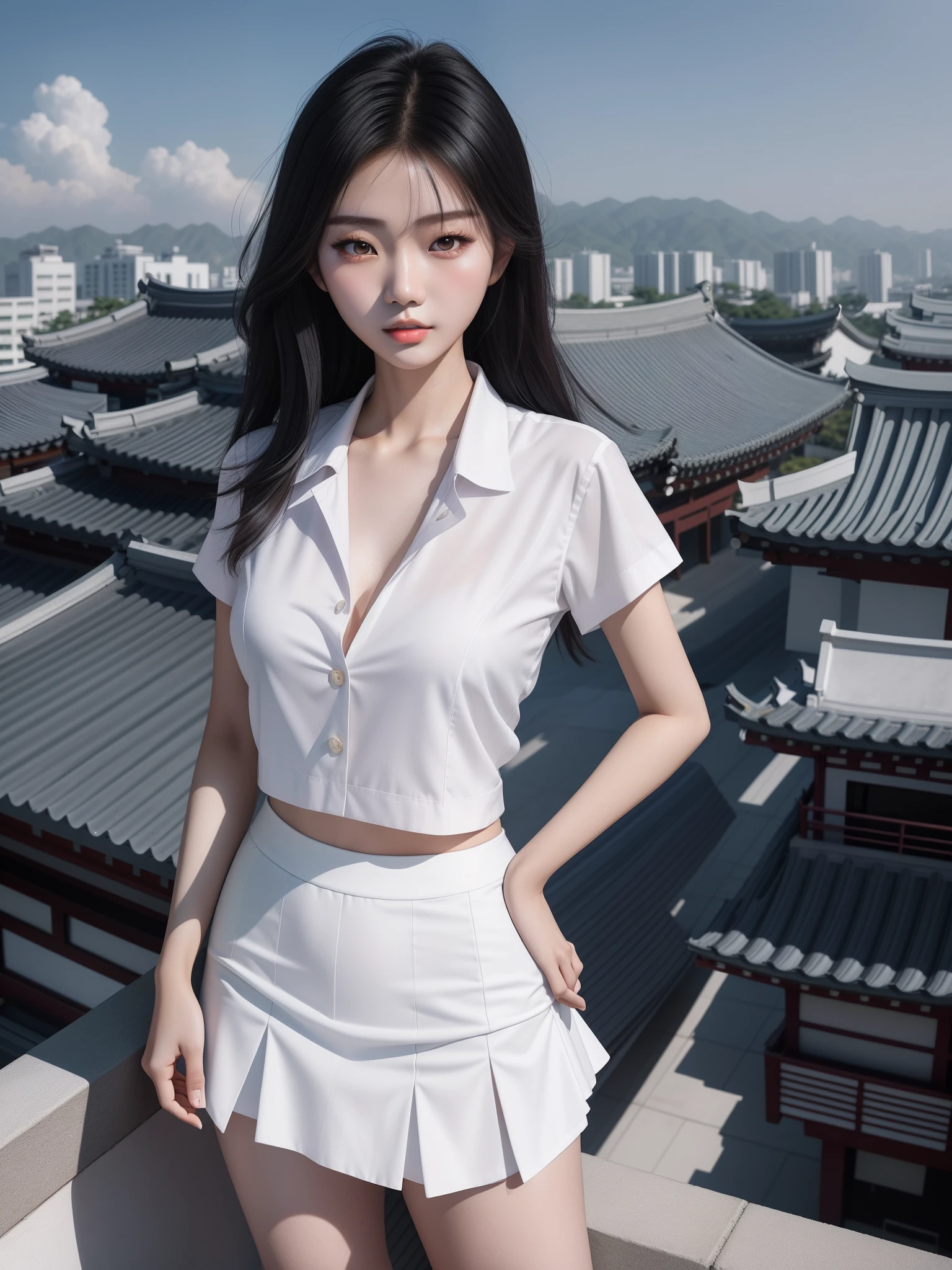 Asian woman in white shirt and skirt standing on rooftop, Gorgeous young Korean woman, beautiful Korean women, Beautiful young Korean woman, Korean girl, photo of slim girl model, Korean woman, korean women's fashion model, Beautiful Asian girl, photo of slim girl, 5 0 0 px models, Beautiful asian woman, Yoga pants for, Beautiful model girl