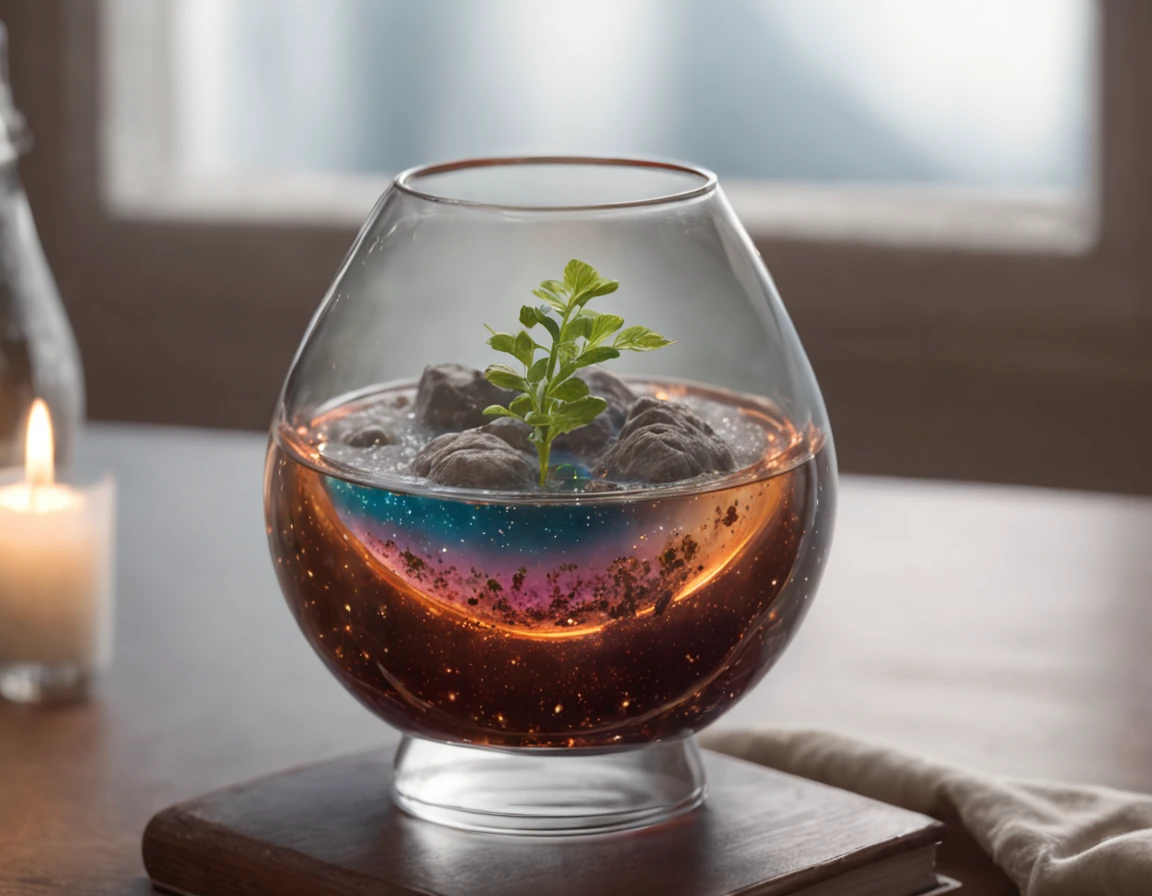 Universe in a glass, the entire universe contained inside a glass, planets and galaxies in a glass, wooden dining table, super realistic, hyper detailed, dramatic lighting, 4k, ultra hd, realistic, vivid colors, highly detailed, UHD drawing, pen and ink, perfect composition, beautiful detailed intricate insanely detailed octane render trending on artstation, 8k artistic photography, photorealistic concept art, soft natural volumetric cinematic perfect light