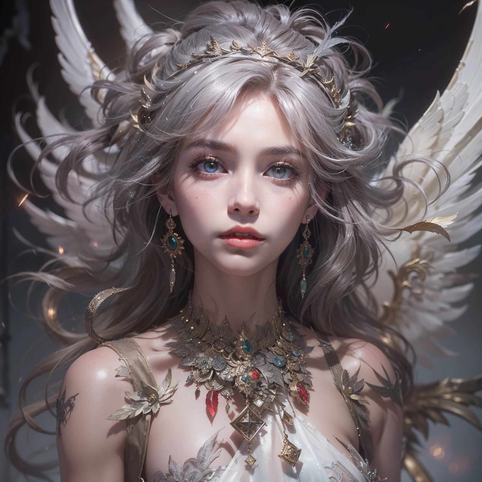 (number々Award-winning masterpieces of, with incredible detail, textures and maximum detail), (Hyper realistic:1.4), (Upper Body Up:0.4), (Realistic:1.3), (Top quality real texture skins), (Draw the whole body:1.7), (Fine true circle symmetrical eyes), (Finely drawn beautiful face), (Decadent imagery: 1.5), (Aesthetic image: 1.5), Lewd and seductive images, ((medieval world)), ((The Lord's Black Devil)), ((The Lord's White Devil)), (icy look in the eye), (She has a mischievous smile on her face), (Eyes that glow red in the dark:1.5), (Deep black costume with delicate and elaborate patterns:1.4), (Many fallen angels dancing in the background:1.3), (Dramatic light), (A majestic sight), (Her countenance is gentle and beautiful, however、Somehow horrible), ((Large wings with feathers behind shoulders)), (Draw the whole body:1.7), (Folded wings), Glass earrings on the ears, (((dramatic photography))), (Twilight), (Sunset), (Dusk), (Seduction poses), (dramatic pose), (Golden hair), (Silver hair), (Chestnut hair), short cut hair, ((full-length portrait)), ((looks up)), ((Looking down)), (Around her neck is a simple necklace of exquisite workmanship), (Swirling flames), (Swirling lightning), (Swirling ice and snow), (Draw the whole body:1.7), Old ruins infested with plants, great temple, great cathedral, temple ruins, detached temple, Luminous magic circle, Ruins of an ancient castle, Deserted ruins, crumbling ruins, Ancient ruins with clear water, Shining majestic cloud masses and sky, lightning bolt, Epic Realistic, ((Neutral colors)), (nffsw:1.5), (Muted colors:1.2), Hyper Detailed, Cinematic, Warm lights, Dramatic light, (Intricate details:1.1), Complex background,