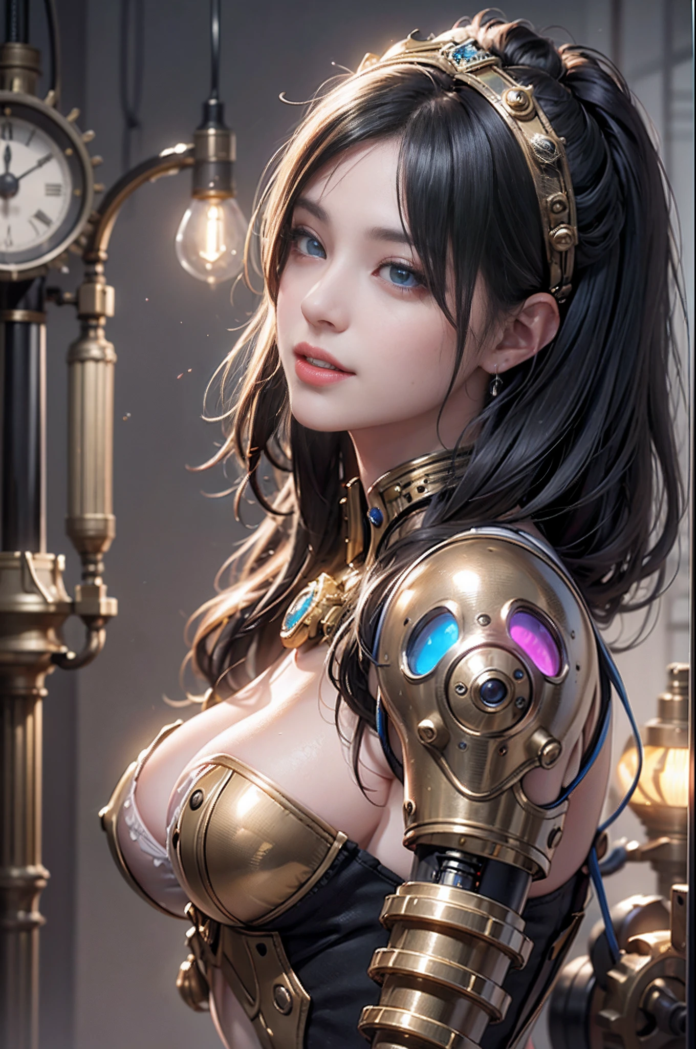 top-quality、masterpiece、超A high resolution、(Photorealsitic:1.4)、Raw photo、full bodyesbian、1人、grin、Black hair、glowy skin、1 Mechanical Girl、((super realistic details))、portlate、Global Illumination、Shadow、octan render、8K、ultrasharp、Colossal tits、Raw skin is exposed in cleavage、metals、Details of complex ornaments、Steampunk details、Analog Meter、gear wheel、gear、Golden hydraulic cylinder、highly intricate detail、Realistic light、CGSoation Trends、a purple eye、radiant eyes、Facing the camera、neon details、Mechanical limbs、blood vessels connected to tubes、Mechanical vertebrae attached to the back、mechanical cervical attaching to neck、sitting on、Wires and cables connecting to the head、vacuum tubes、gear wheel、meter、Gundam、Small LED lamp、The background is a steampunk city、