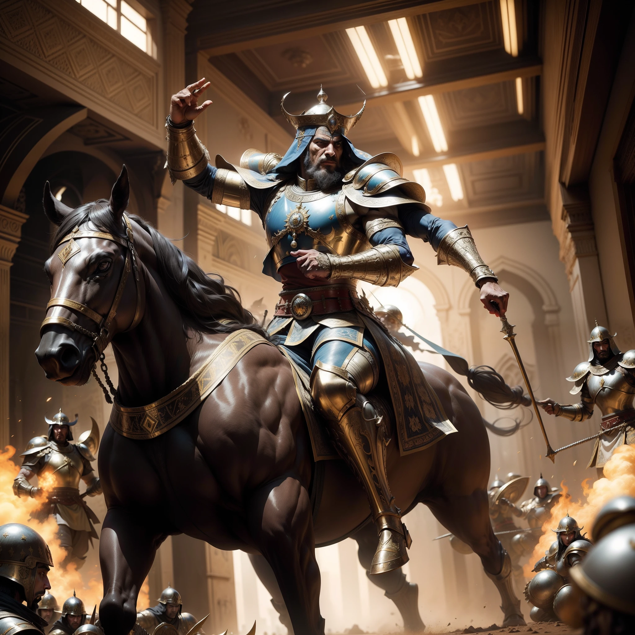 Great moroccan sultan leading troops army medieval Arabian warriors to battle hyper realistic super detailed Dynamic poses cinématique scènes movie