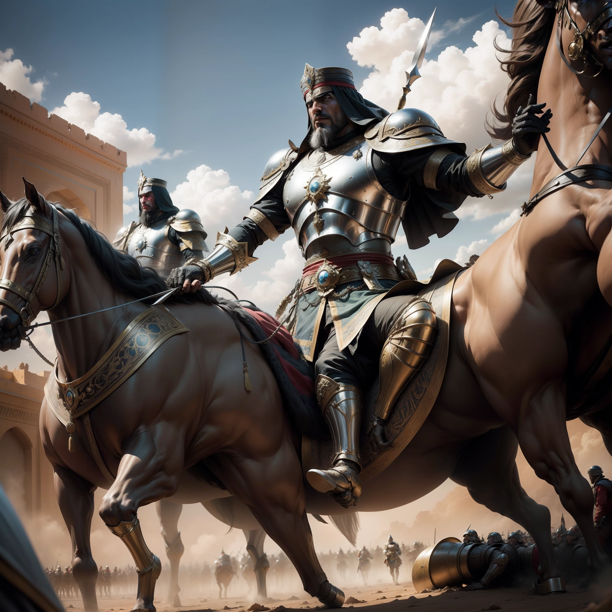 Great moroccan sultan leading troops army medieval Arabian warriors to battle hyper realistic super detailed Dynamic poses cinématique scènes movie