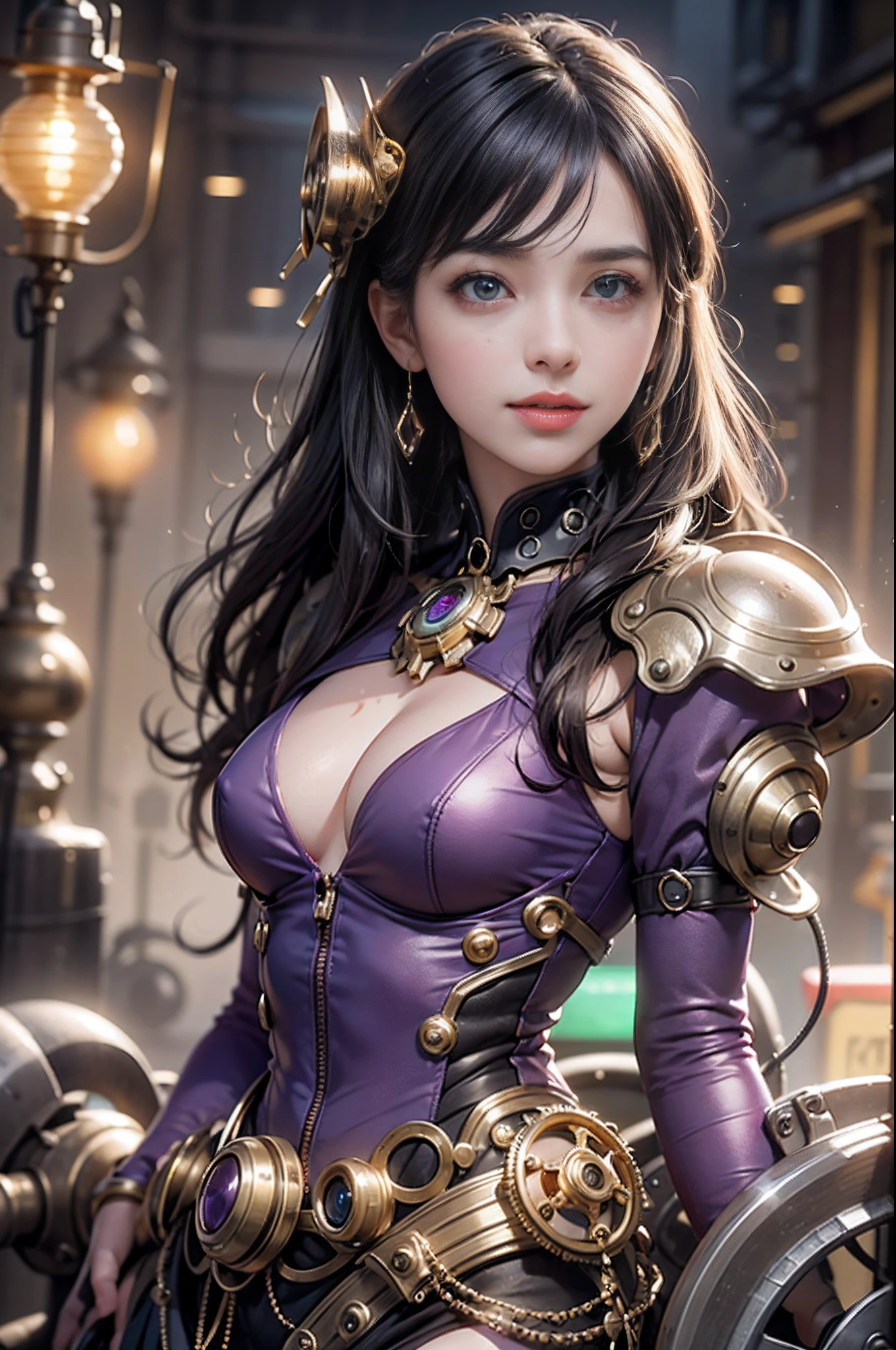 top-quality、​masterpiece、超A high resolution、(Photorealsitic:1.4)、Raw photo、full bodyesbian、1人、grin、Black hair、glowy skin、1 Mechanical Girl、((super realistic details))、portlate、Global Illumination、Shadow、octan render、8K、ultrasharp、Colossal tits、Raw skin is exposed in cleavage、metals、Details of complex ornaments、Steampunk details、Analog Meter、gear wheel、gear、Golden hydraulic cylinder、highly intricate detail、Realistic light、CGSoation Trends、a purple eye、radiant eyes、Facing the camera、neon details、Mechanical limbs、blood vessels connected to tubes、Mechanical vertebrae attached to the back、mechanical cervical attaching to neck、sitting on、Wires and cables connecting to the head、vacuum tubes、gear wheel、meter、Gundam、Small LED lamp、The background is a steampunk city、