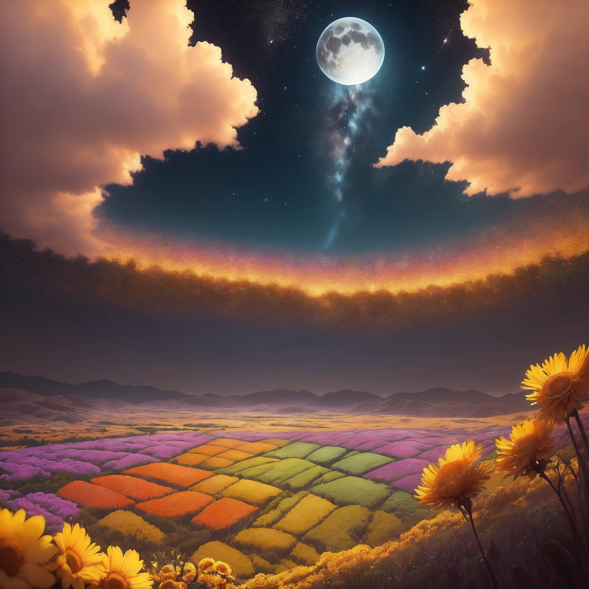 Uma foto de paisagem ampla (vista de baixo, The sky is above and the open field is below), uma garota parada em um campo de flores olhando para cima (lua cheia: 2,2), (meteoro: 0,9), (nebulosa: 1,3 ), montanhas distantes , Árvores BREAK Crafting Art, (Luz Quente: 1.2), (Vaga-lume: 1.2), Luzes, Muito Roxo e Laranja, Detalhes Intrincados, volumetric lighting BREAK (Obra-prima: 1.2), (Melhor Qualidade), 4k, Ultra Detalhado, (dynamic compositing: 1.4), Rico em Detalhes e Cor, (rainbow color: 1.2), (Brilho, Atmospheric Illumination), Sonhador, magica, (Solo: 1.2)Dpo94