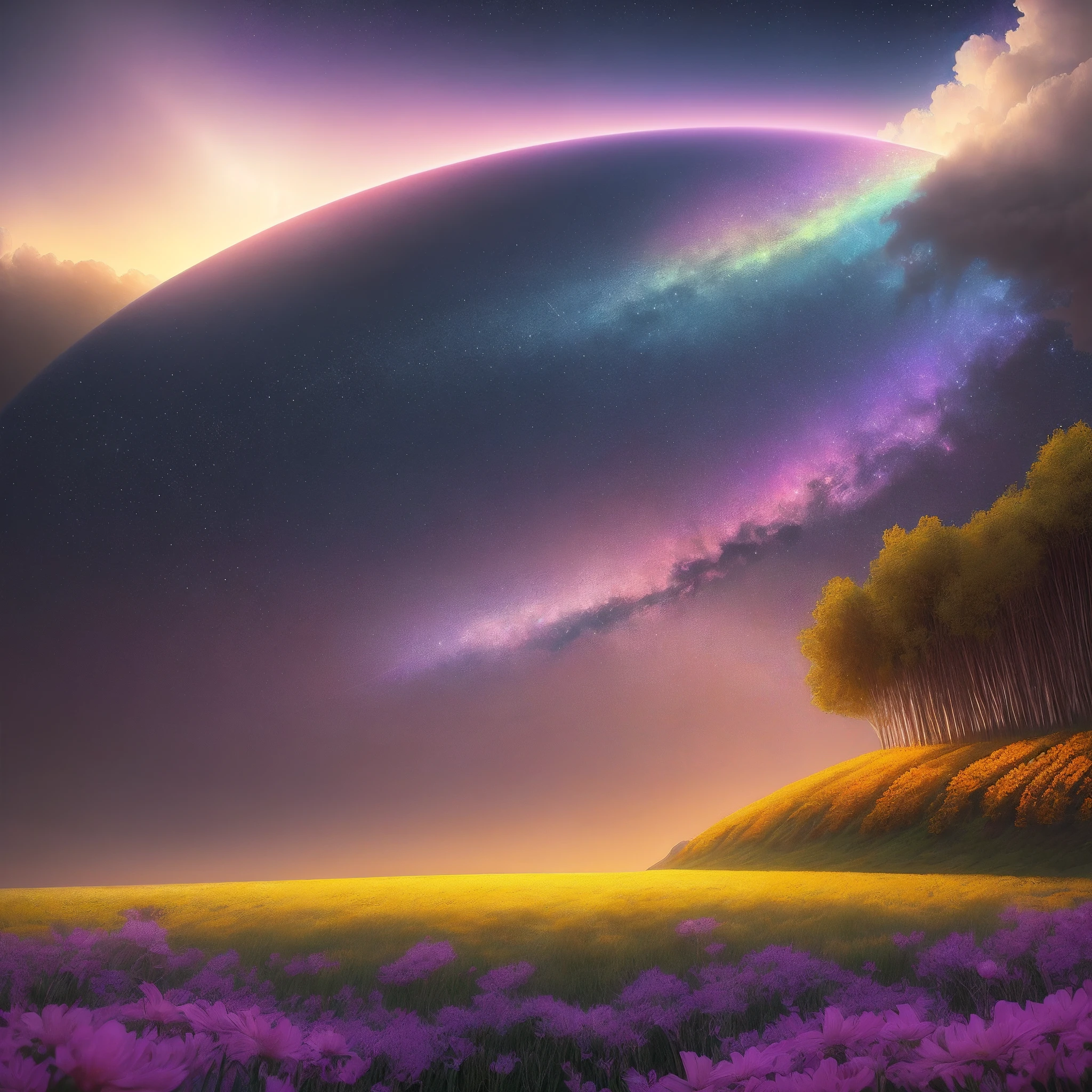 Uma foto de paisagem ampla (vista de baixo, The sky is above and the open field is below), uma garota parada em um campo de flores olhando para cima (lua cheia: 2,2), (meteoro: 0,9), (nebulosa: 1,3 ), montanhas distantes , Árvores BREAK Crafting Art, (Luz Quente: 1.2), (Vaga-lume: 1.2), Luzes, Muito Roxo e Laranja, Detalhes Intrincados, volumetric lighting BREAK (Obra-prima: 1.2), (Melhor Qualidade), 4k, Ultra Detalhado, (dynamic compositing: 1.4), Rico em Detalhes e Cor, (rainbow color: 1.2), (Brilho, Atmospheric Illumination), Sonhador, magica, (Solo: 1.2)Dpo94
