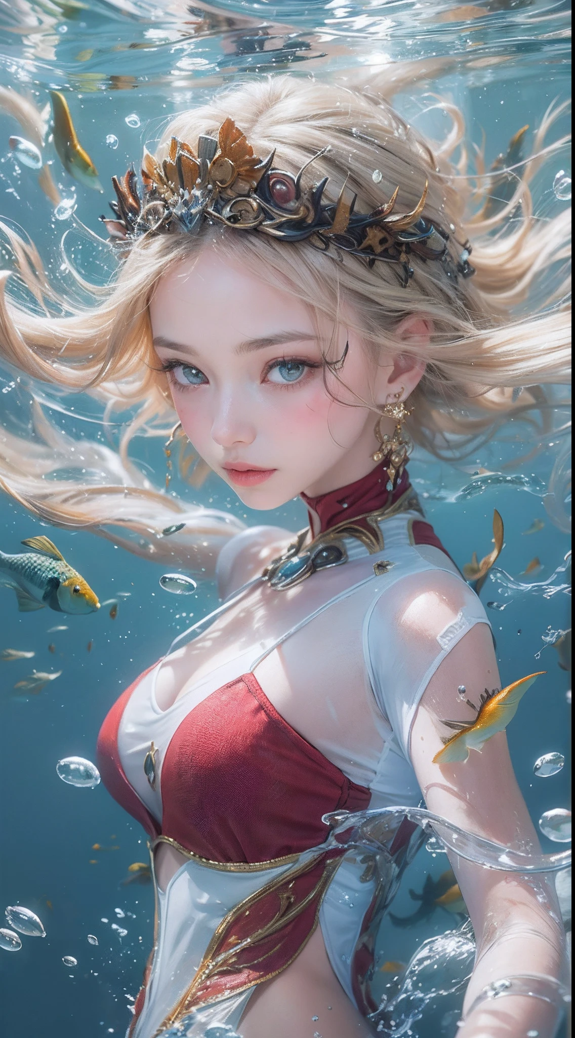low-teengirl, 10yo, princess of dragon, (Highest quality authentic textured skin),(abyssal),(Fine, Round, Symmetrical eyes),Delicate facial features,(Burning bright and cold eyes), she have beautiul tiger eyes, very slim and thin body, naked, nude, (She has a mischievous smile on her face),(Her face is gentle and beautiful),Glass earrings on the ears,,(Blonde hair),(silvery white hair),(Maroon hair),(Swim at the bottom of the sea),(Full body portrait:1.5),(Dramatic photo:1.4),(dramatic pose),(flamboyant photo)(facing up),(Looking down),(Around her neck hangs a simple necklace of exquisite craftsmanship),A messy painting,(Hair flows in water:1.5),(Underwater, Marine life, Beautiful coral reef, Fish),(Vortices and tidal currents in the background),(Dramaticlight),(Magnificent scene),(Surrounded by beautiful dragon),In the distant background is a temple submerged in a coral reef,the reef,Epic realism,Cinematic feeling,(high-density imaging review:1.5),(Soft color:1.2),Ultra detailed,Dramaticlight,(intricately details:1.1),the complex background,