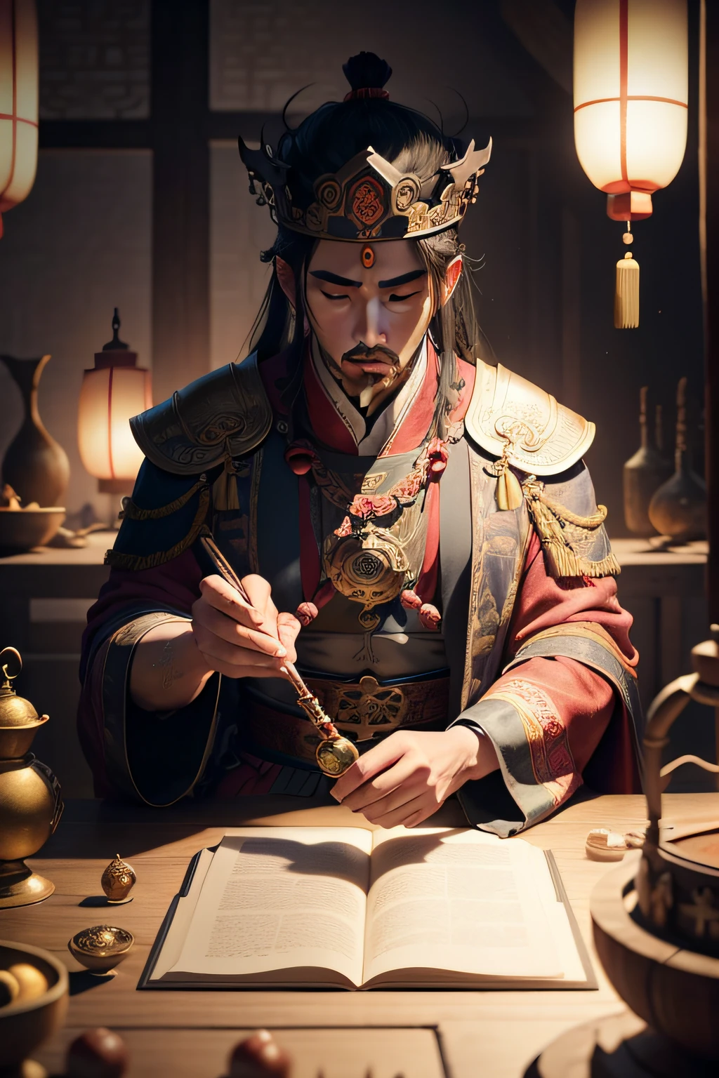 Create an image of an ancient Chinese emperor in his royal chamber, surrounded by alchemical equipment and manuscripts in his quest for the elixir of life."