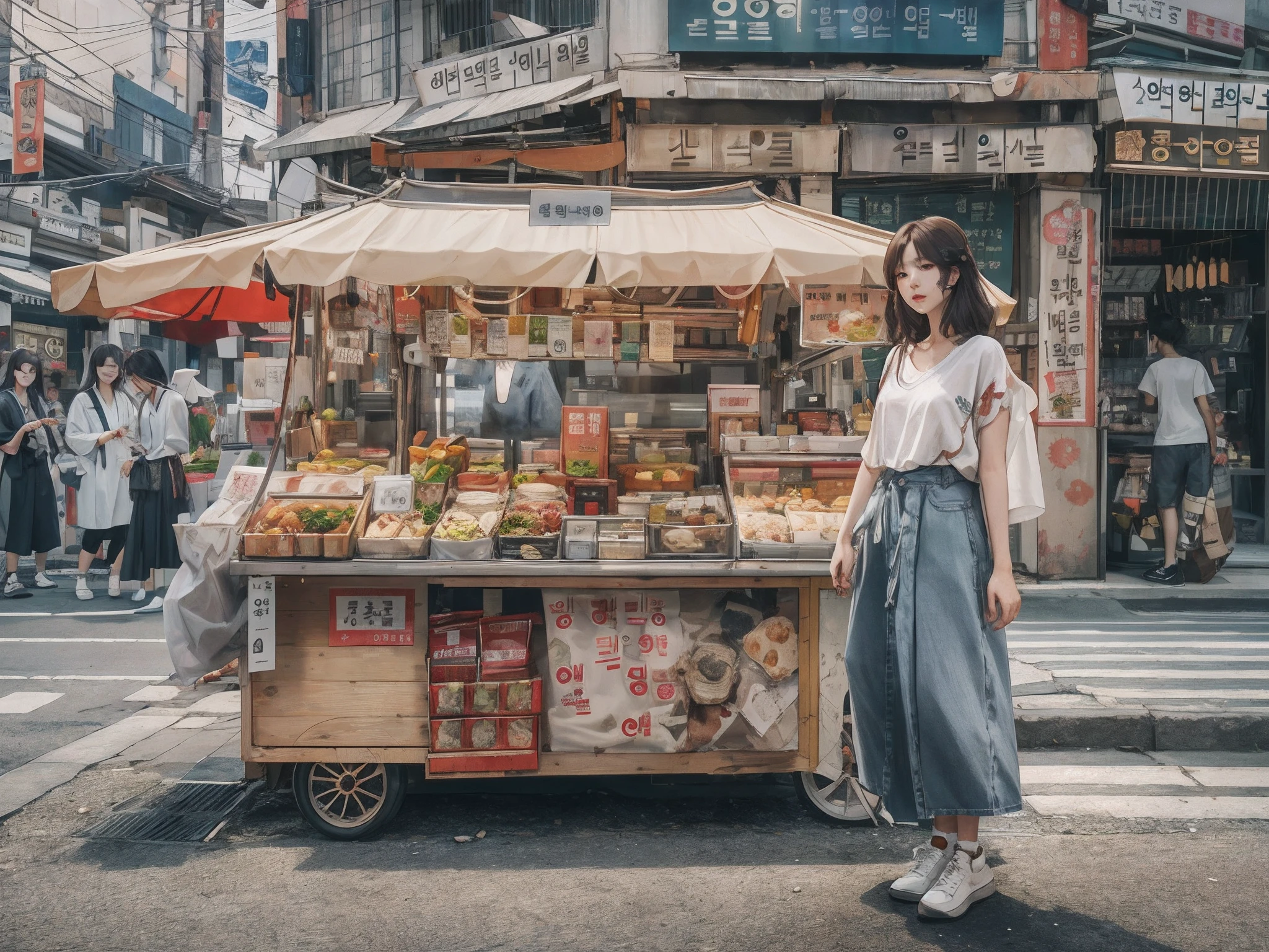 a woman standing in front of a food stand in a busy street, a picture inspired by Yuumei, unsplash contest winner, realism, korean girl, ulzzang, beautiful south korean woman, chinese girl, popular south korean makeup, korean women's fashion model, popular korean makeup, beautiful young korean woman, japanese city street fashion, korean woman, japanese streetwear