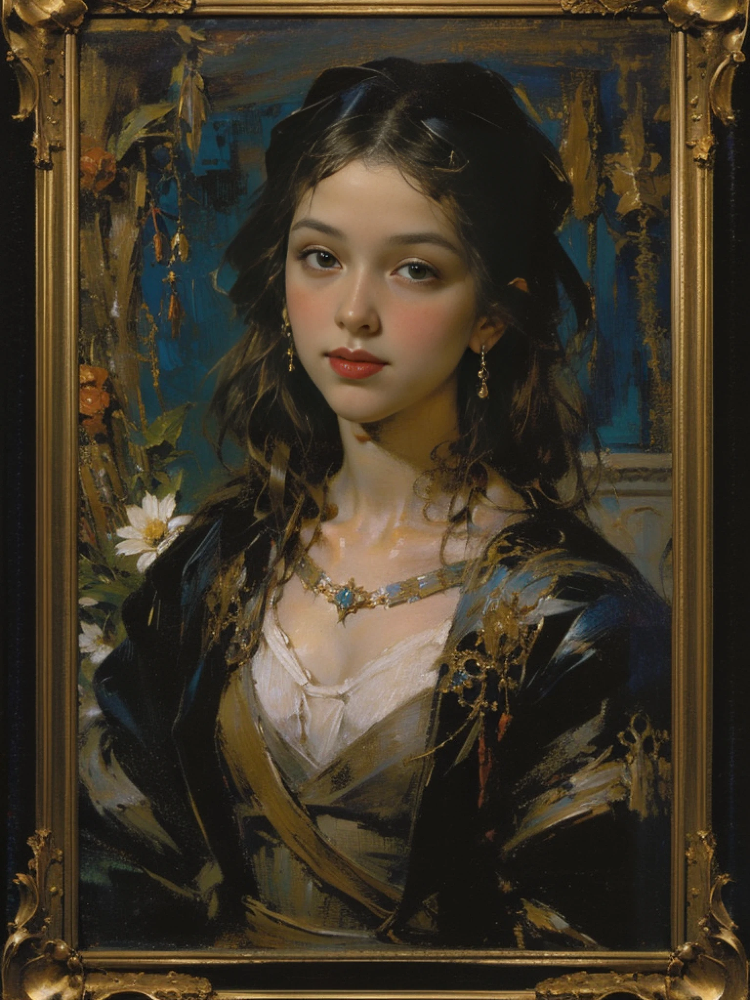 A painting of a woman with a necklace and a flower - SeaArt AI