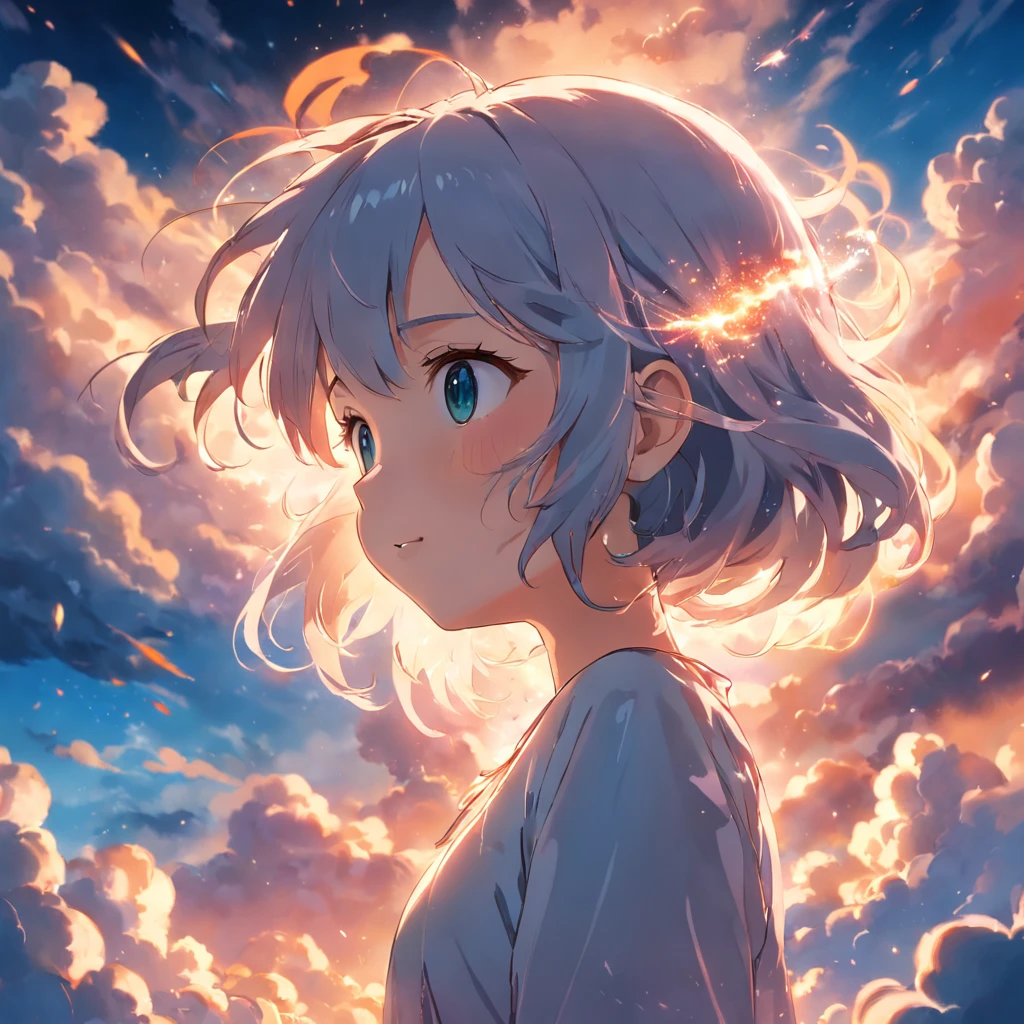 masterpiece, best quality, movie still, 1girl, cloud girl, floating in the sky, close-up, bright, happy, warm soft lighting, sunset, (sparks:0.7)