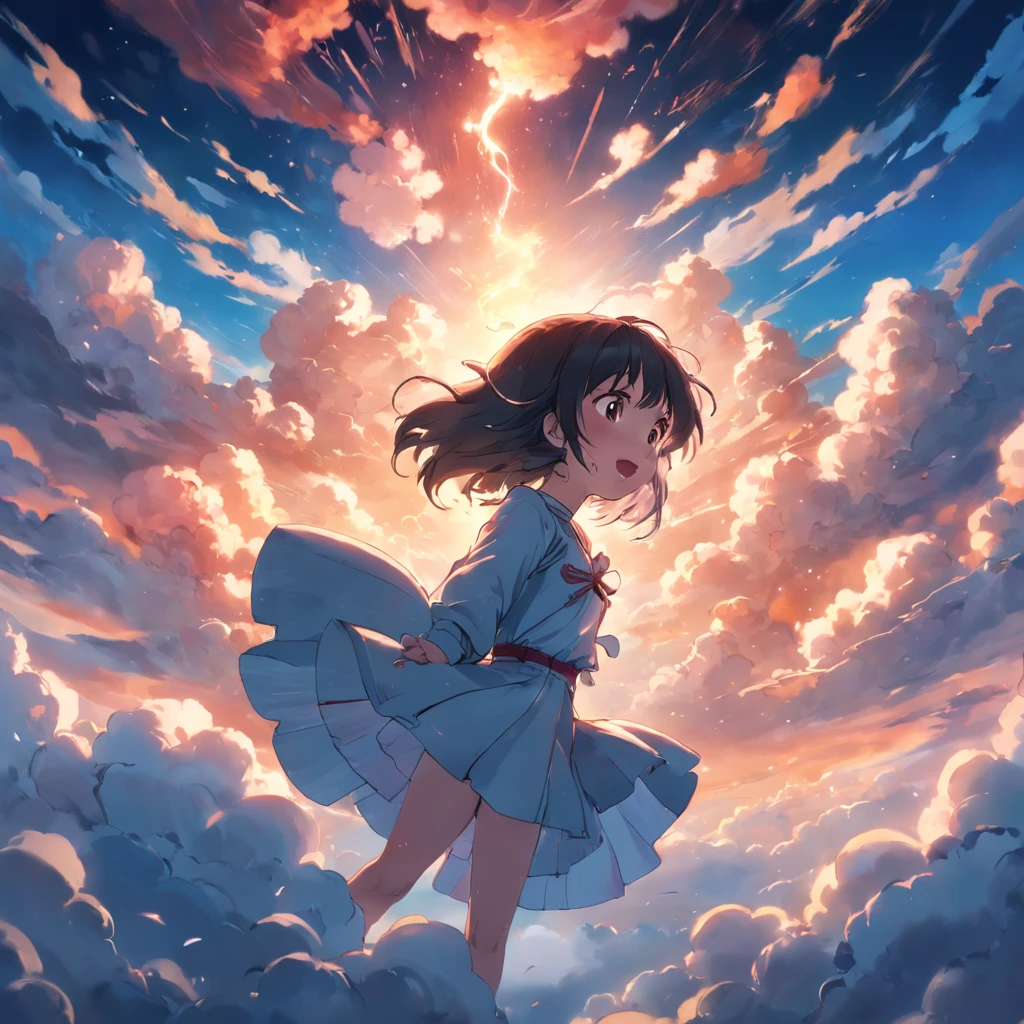 masterpiece, best quality, movie still, 1girl, cloud girl, floating in the sky, close-up, bright, happy, warm soft lighting, sunset, (sparks:0.7)