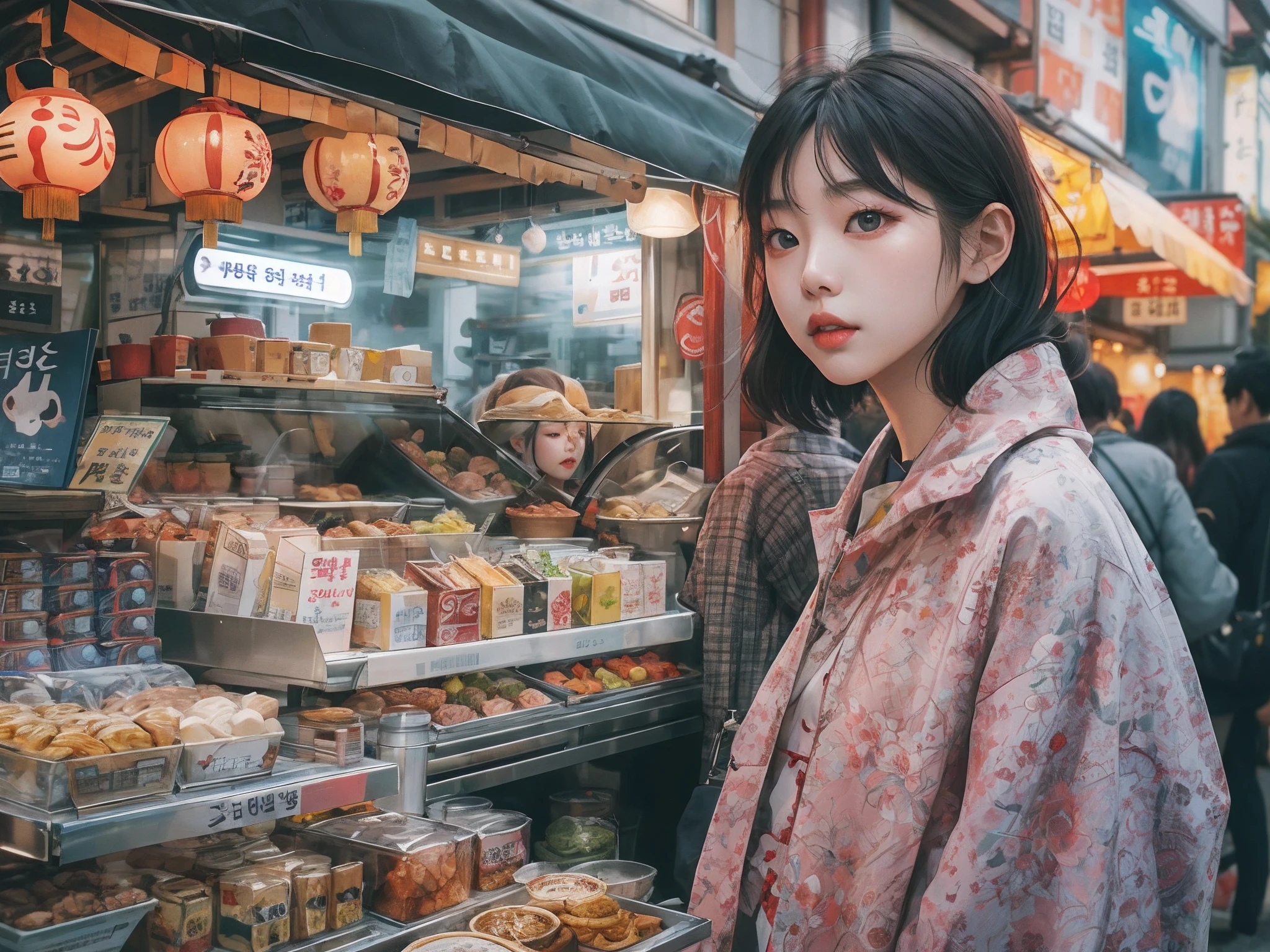a woman standing in front of a food stand in a busy street, a picture inspired by Yuumei, unsplash contest winner, realism, korean girl, ulzzang, beautiful south korean woman, chinese girl, popular south korean makeup, korean women's fashion model, popular korean makeup, beautiful young korean woman, japanese city street fashion, korean woman, japanese streetwear