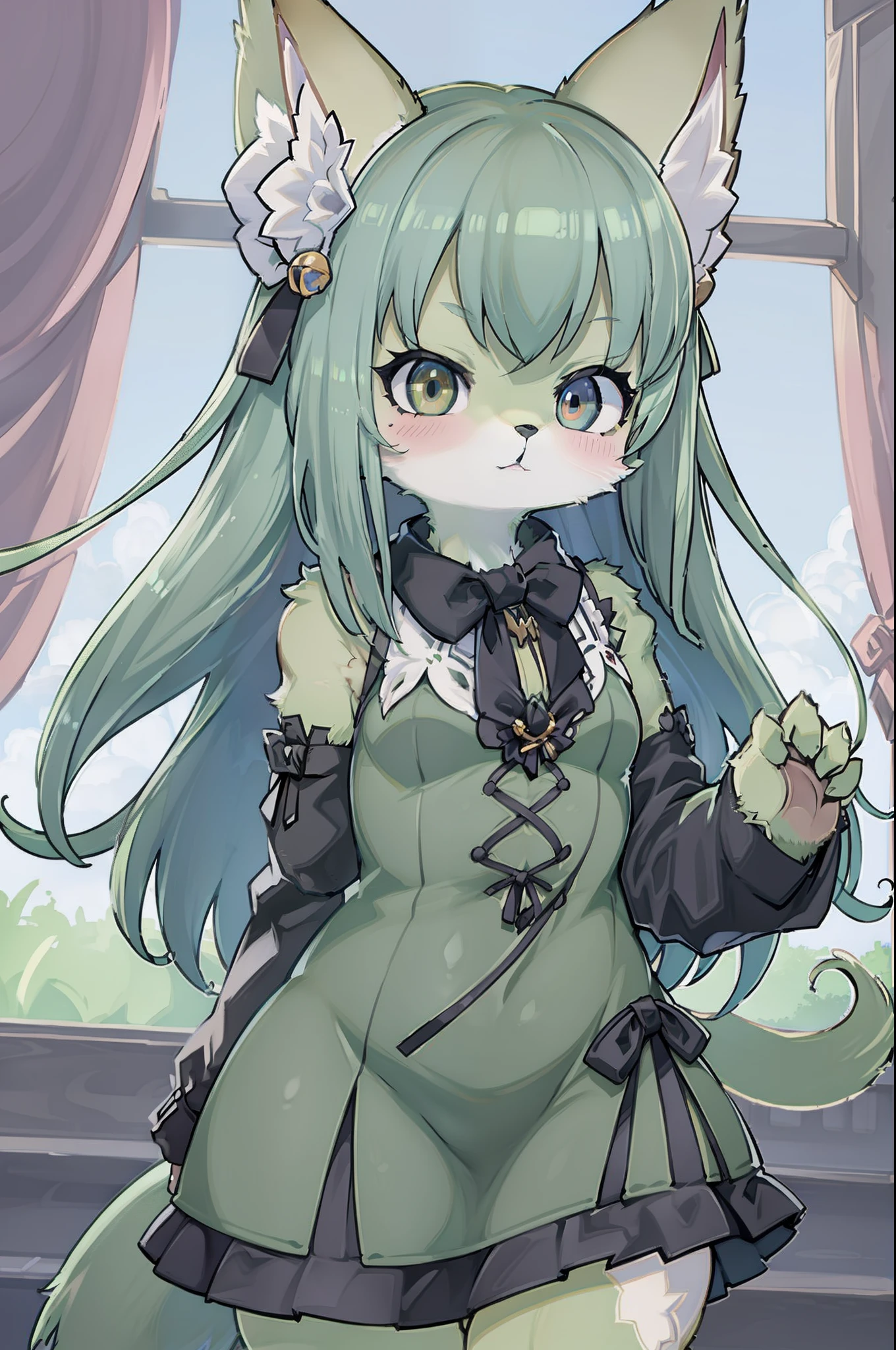 Green Fur Fox Green Dress Lifelike Details Only One Tail Furry Tsundere Eyes