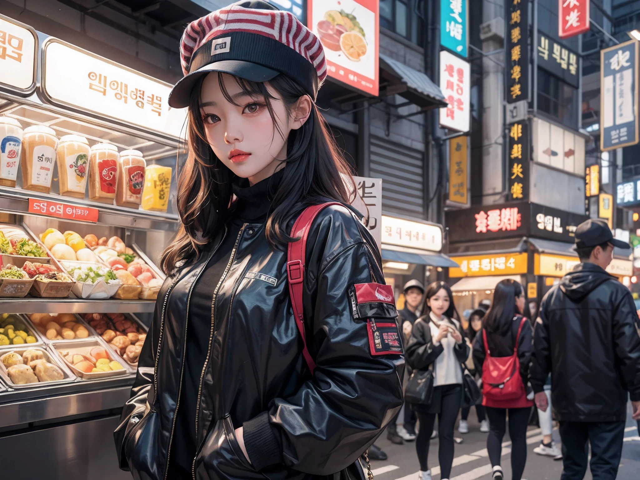 a woman standing in front of a food stand in a busy street, a picture inspired by Yuumei, unsplash contest winner, realism, korean girl, ulzzang, beautiful south korean woman, chinese girl, popular south korean makeup, korean women's fashion model, popular korean makeup, beautiful young korean woman, japanese city street fashion, korean woman, japanese streetwear