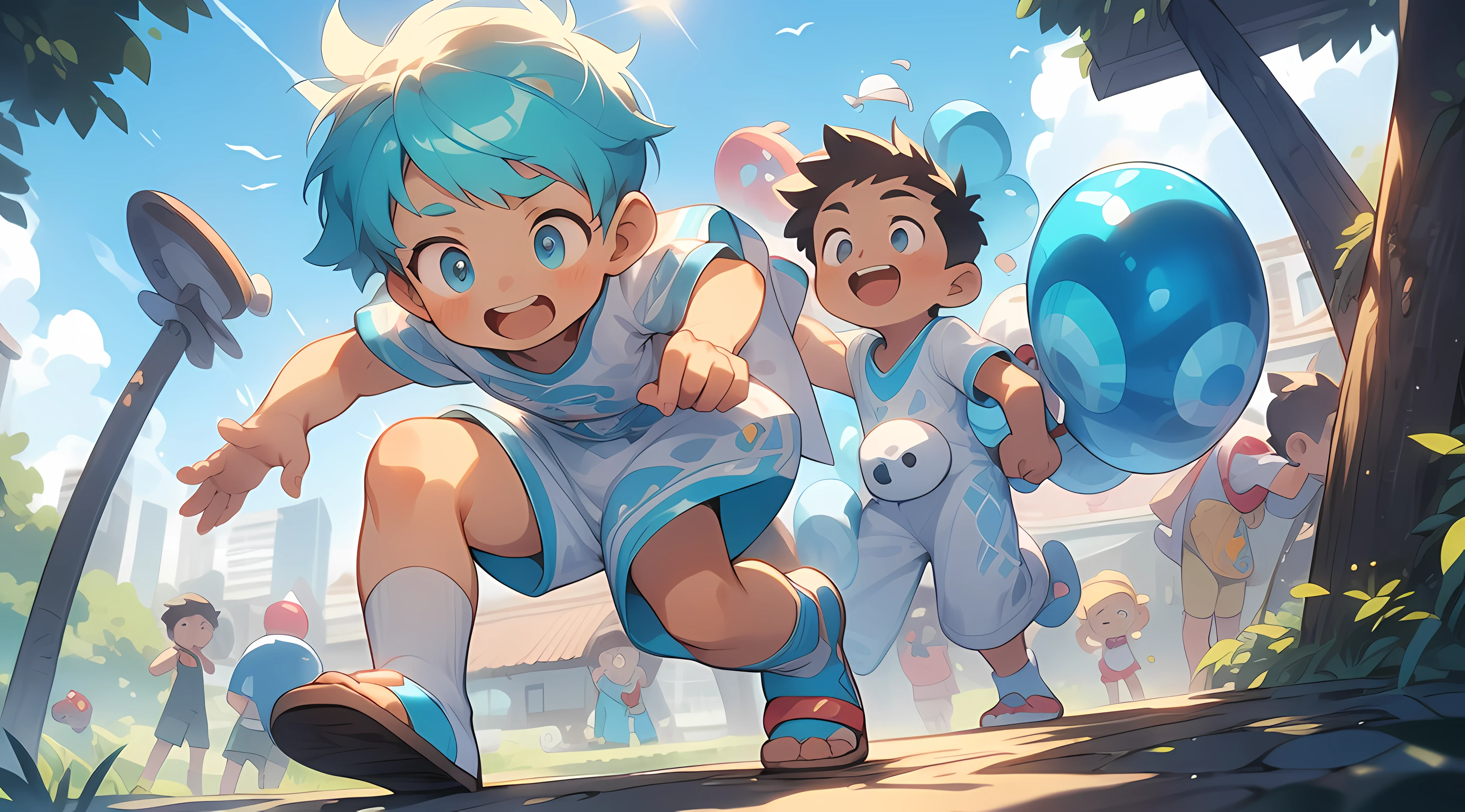 (Cute boy:1.2),(Bright costumes),(Childlike scenes:1.2),(white legwear:1.4)"Cute little boy,Wear brightly colored clothes,Childlike scenes,Vibrant expressions and movements,There are all kinds of fun toys around(Vibrant expressions and movements),(All kinds of fun toys around),(Be happy in the bright sun),(blue hairs),(Cartoon white socks)