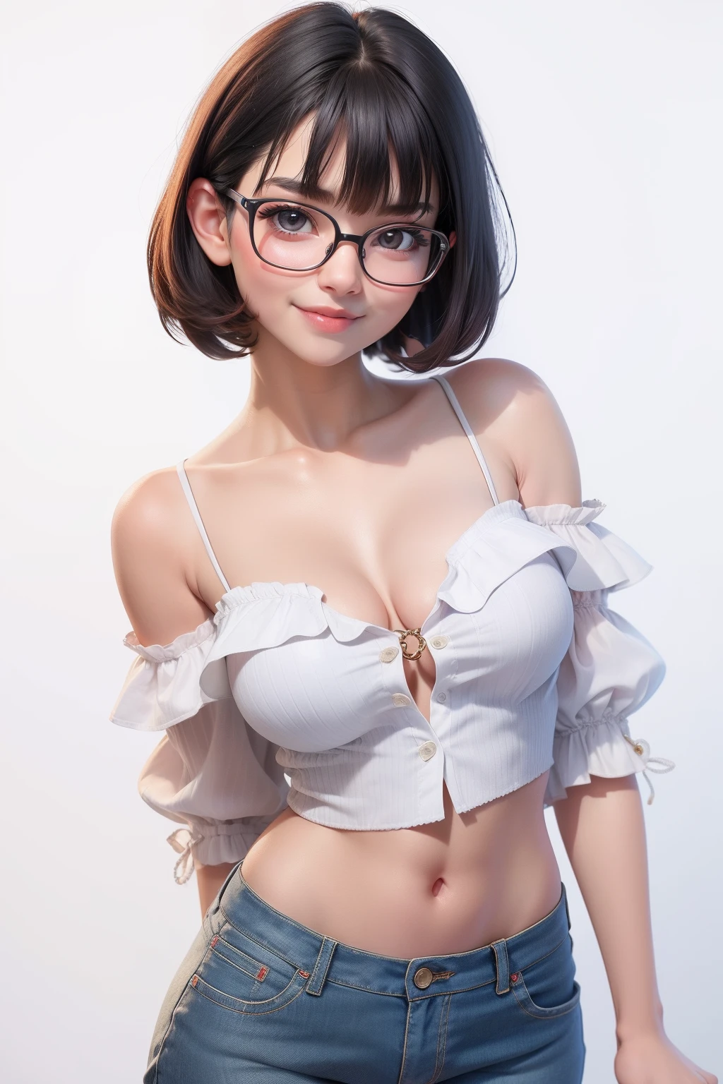 1 girl (18yo) glasses, upper body, slim waist, small breast, sexy pose, naugthy face, bangs, cleavage, navel, off shoulder, seductive smile, wear pink detailed erotic summer suit, gray background