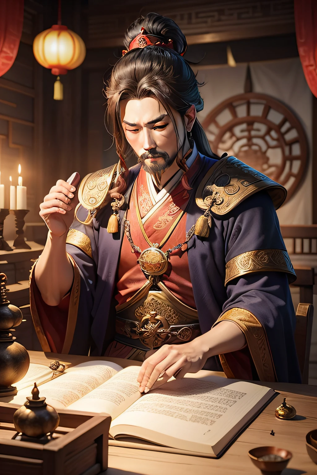 Create an image of an ancient Chinese emperor in his royal chamber, surrounded by alchemical equipment and manuscripts in his quest for the elixir of life."